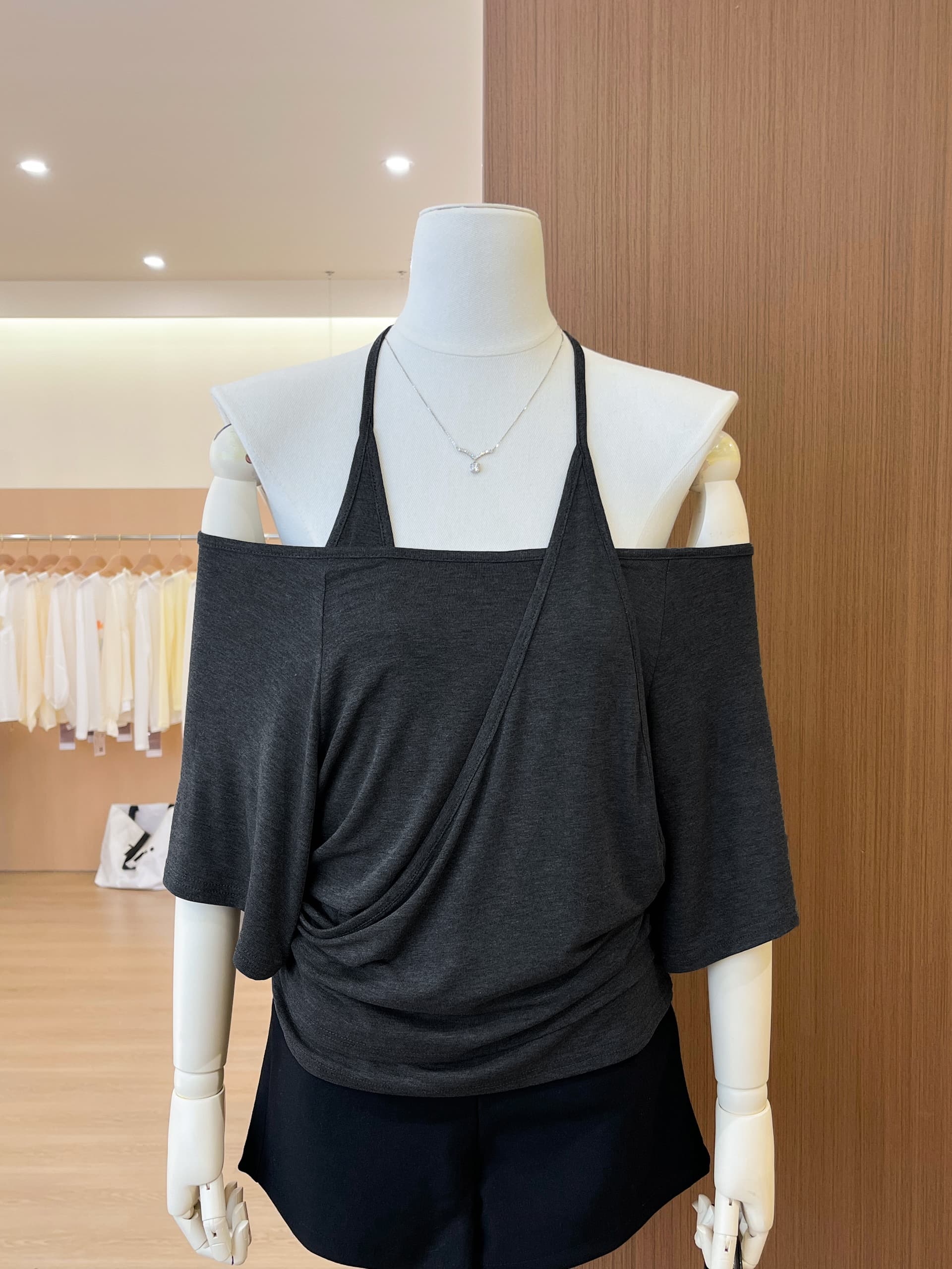 실사 회색 페이크 레이어드 오프숄더 행침 목 반팔 여성 여름 핀치 Pleat 허리 수축 슬림해 보이는 배트윙 소매 맨위 트렌디 이미지 2