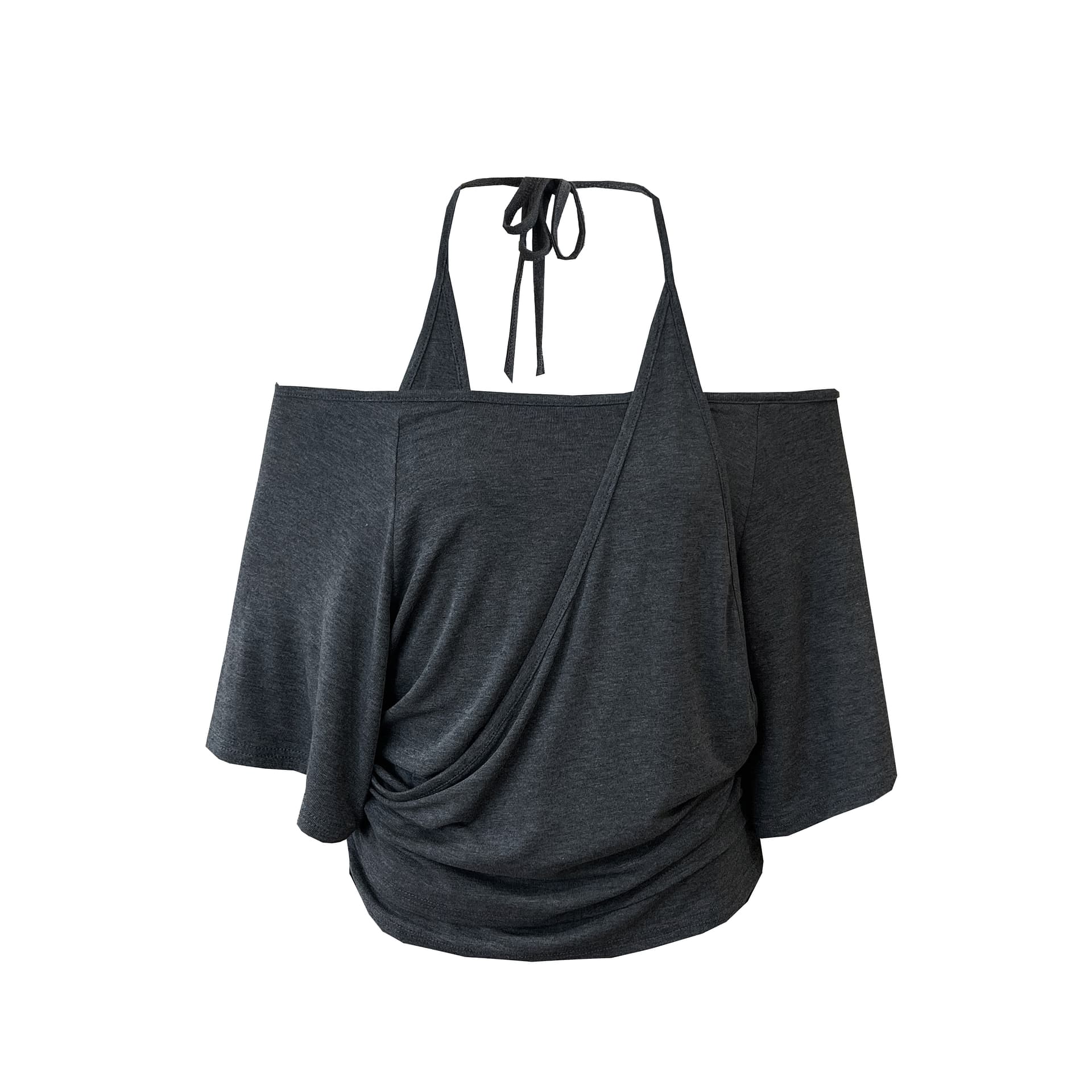 실사 회색 페이크 레이어드 오프숄더 행침 목 반팔 여성 여름 핀치 Pleat 허리 수축 슬림해 보이는 배트윙 소매 맨위 트렌디 상세 이미지 2