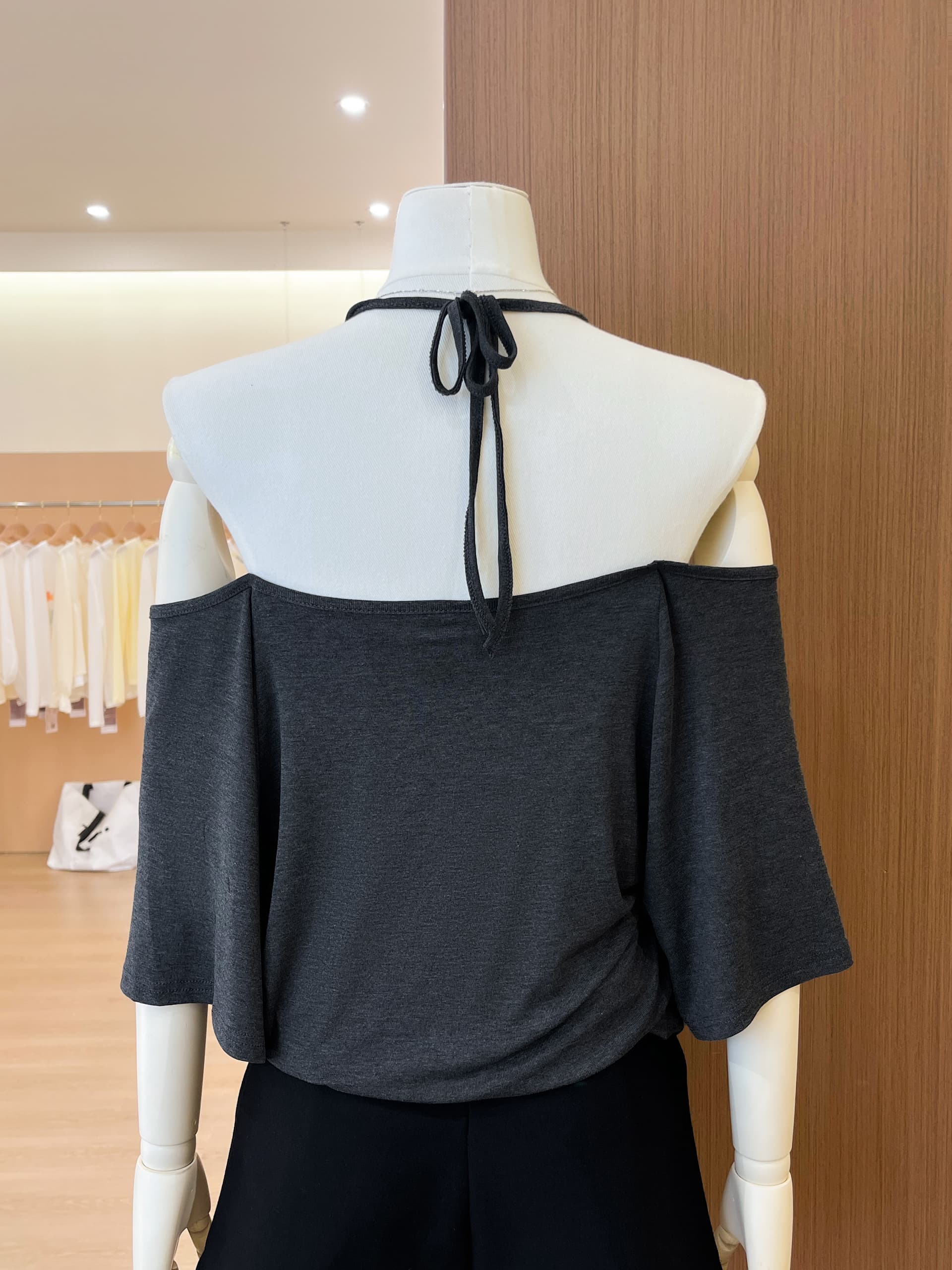 실사 회색 페이크 레이어드 오프숄더 행침 목 반팔 여성 여름 핀치 Pleat 허리 수축 슬림해 보이는 배트윙 소매 맨위 트렌디 상세 이미지 8