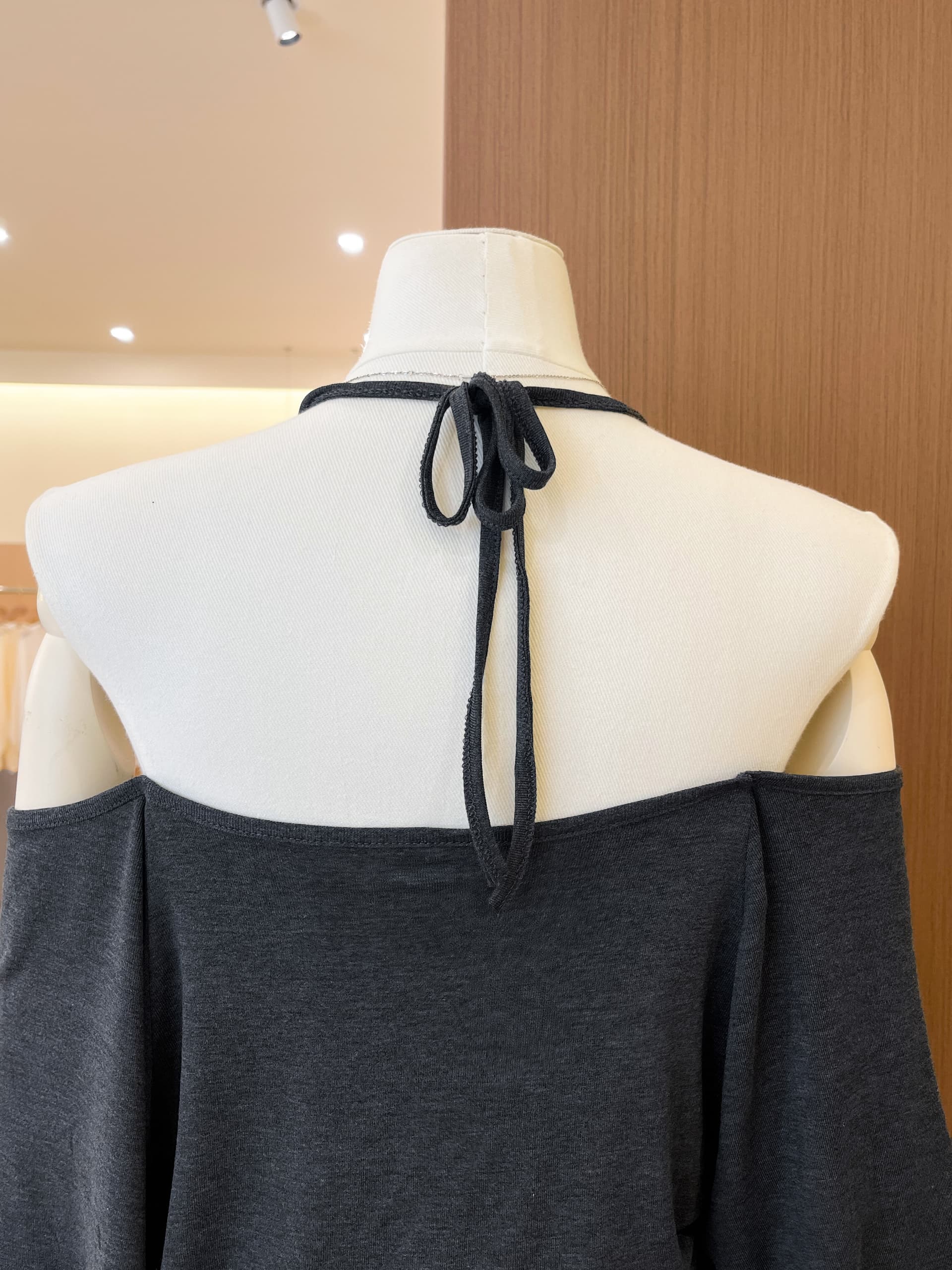 실사 회색 페이크 레이어드 오프숄더 행침 목 반팔 여성 여름 핀치 Pleat 허리 수축 슬림해 보이는 배트윙 소매 맨위 트렌디 상세 이미지 9