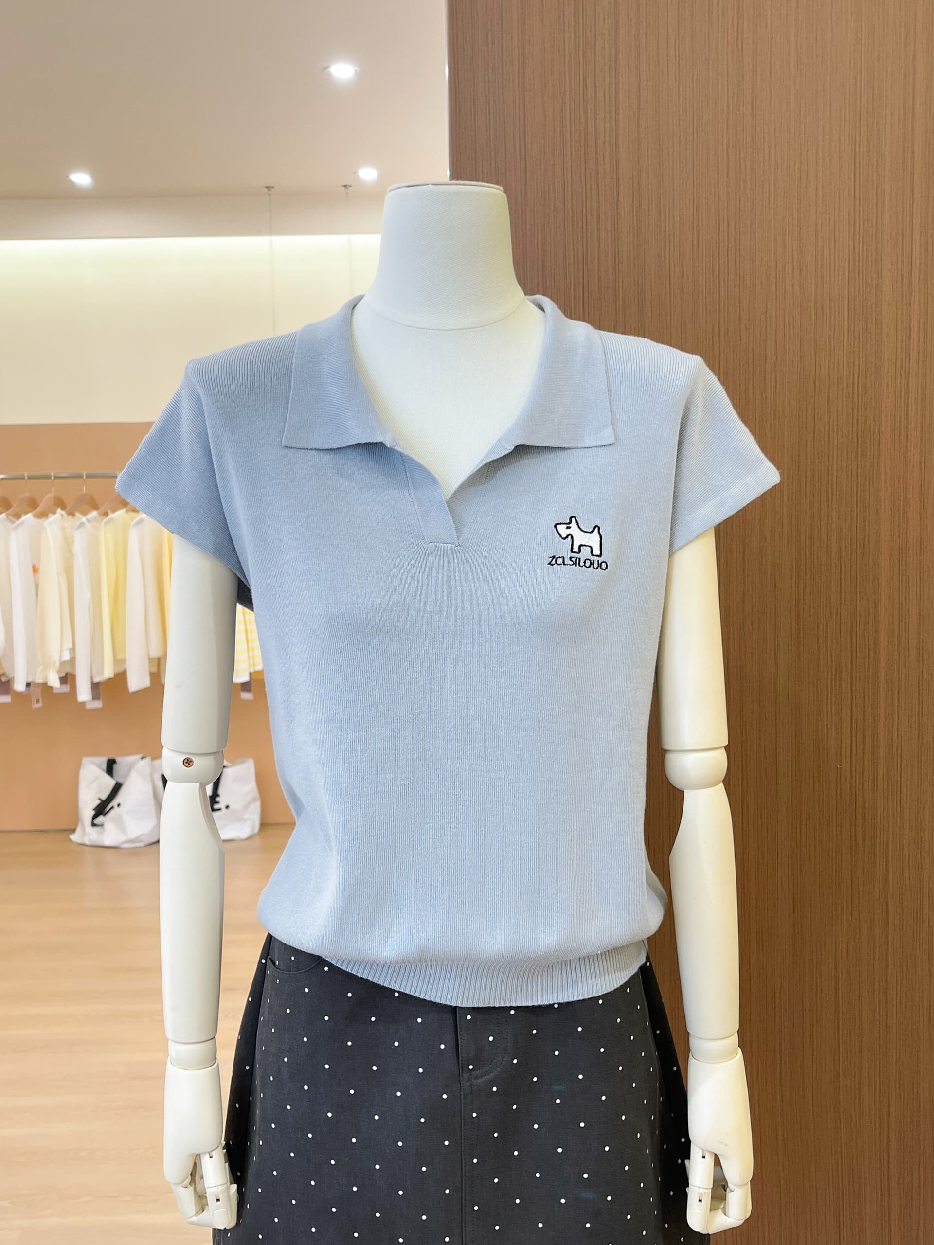 실사 한국 스타일 polo 폴로 칼라 니트 스웨터 여성용 짧은 소매 여름 외국 가스 강아지 자수 얼음 실크 티셔츠 항구 바람 맨위 이미지 4