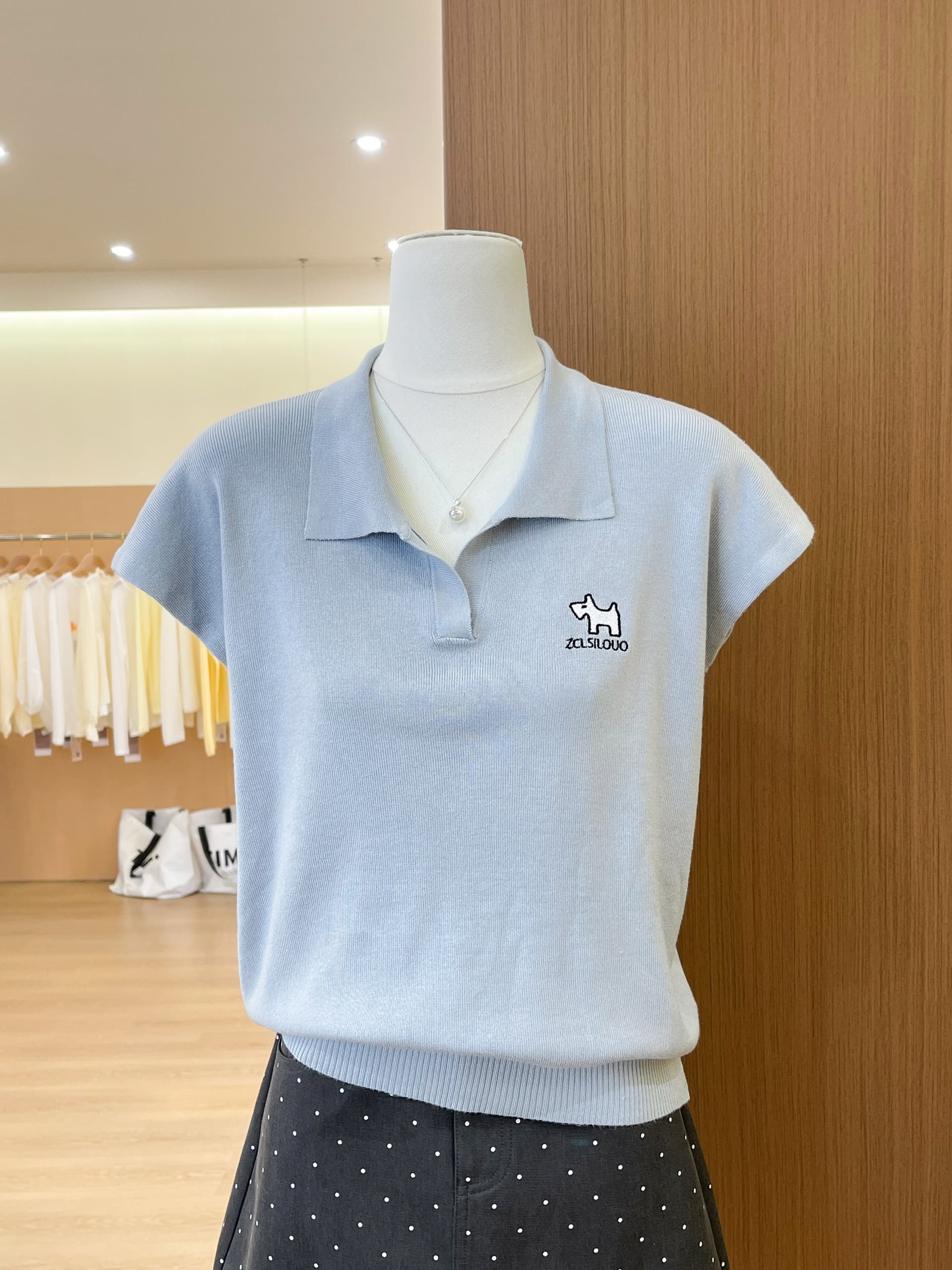 실사 한국 스타일 polo 폴로 칼라 니트 스웨터 여성용 짧은 소매 여름 외국 가스 강아지 자수 얼음 실크 티셔츠 항구 바람 맨위 이미지 2