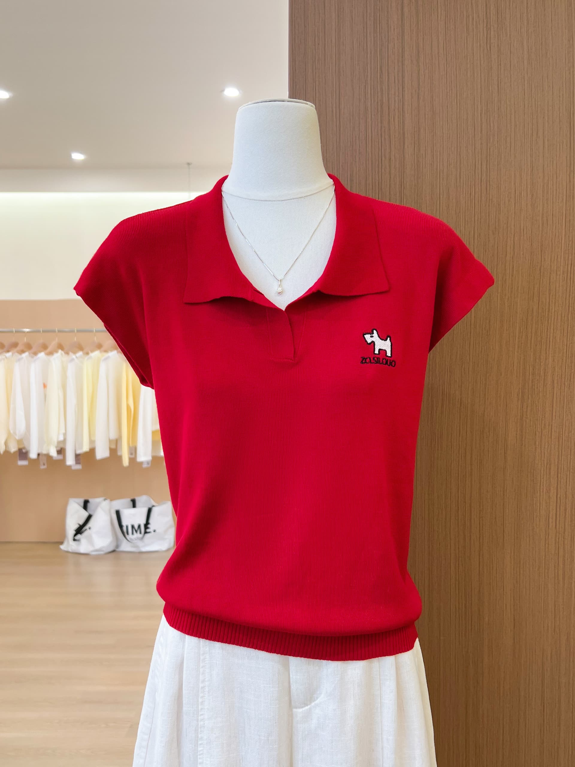 실사 한국 스타일 polo 폴로 칼라 니트 스웨터 여성용 짧은 소매 여름 강아지 자수 얼음 실크 티셔츠 부드러운 항구 바람 맨위 상세 이미지 6