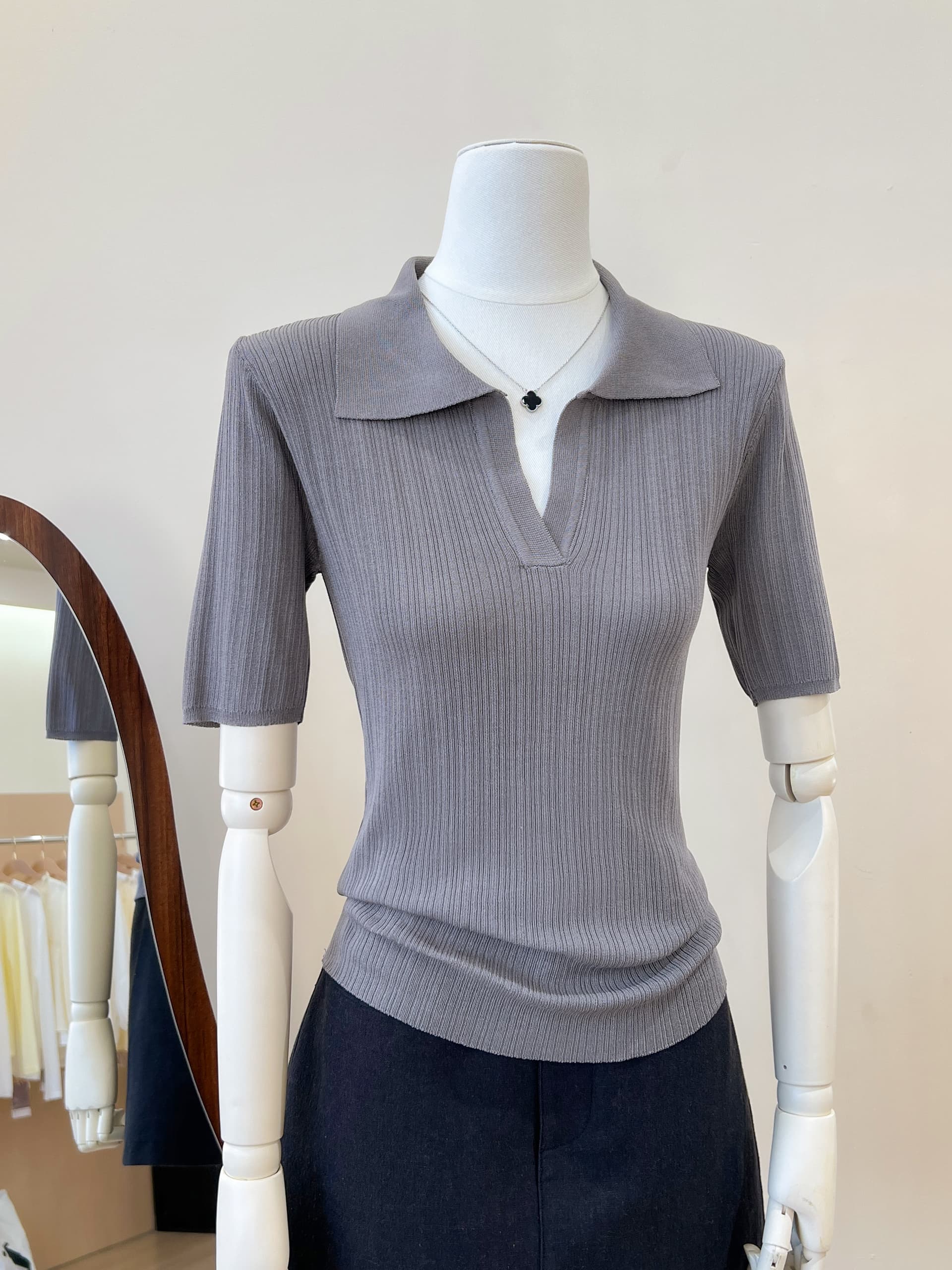 실사 봄 여름 POLO 칼라 V넥 니트 반팔 티셔츠 여성 이미지 4