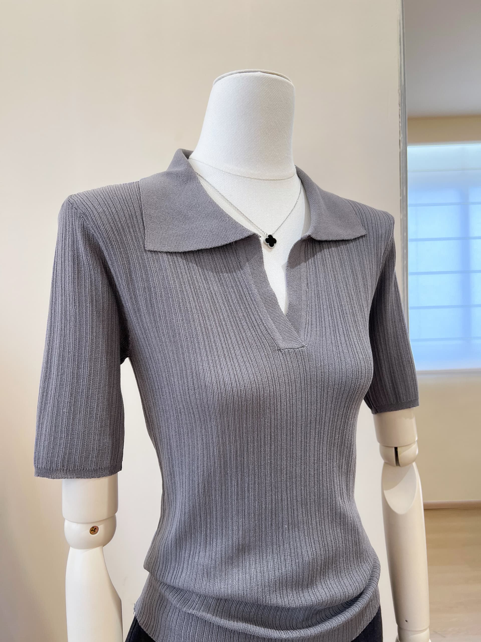 실사 봄 여름 POLO 칼라 V넥 니트 반팔 티셔츠 여성 이미지 3
