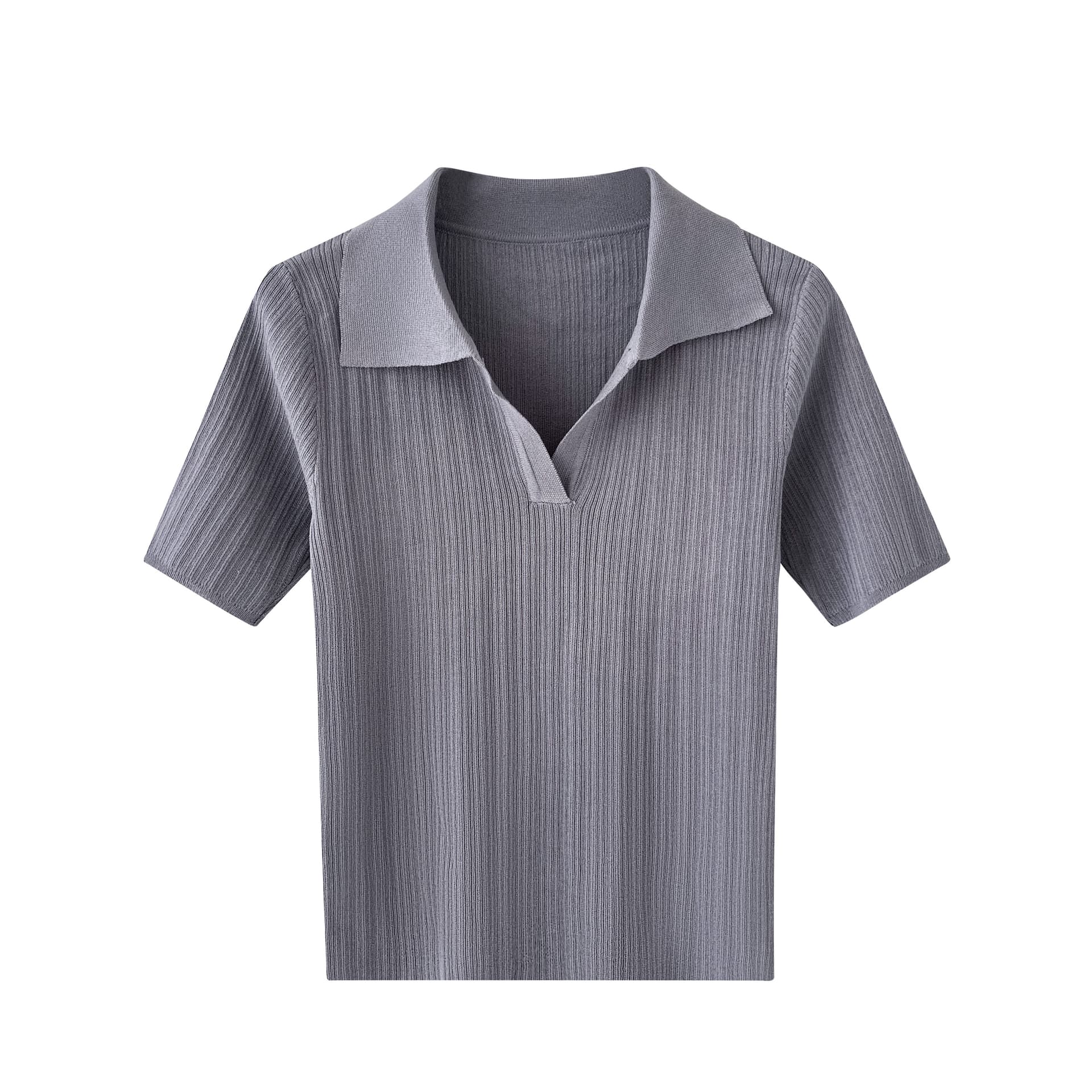 실사 봄 여름 POLO 칼라 V넥 니트 반팔 티셔츠 여성 이미지 6
