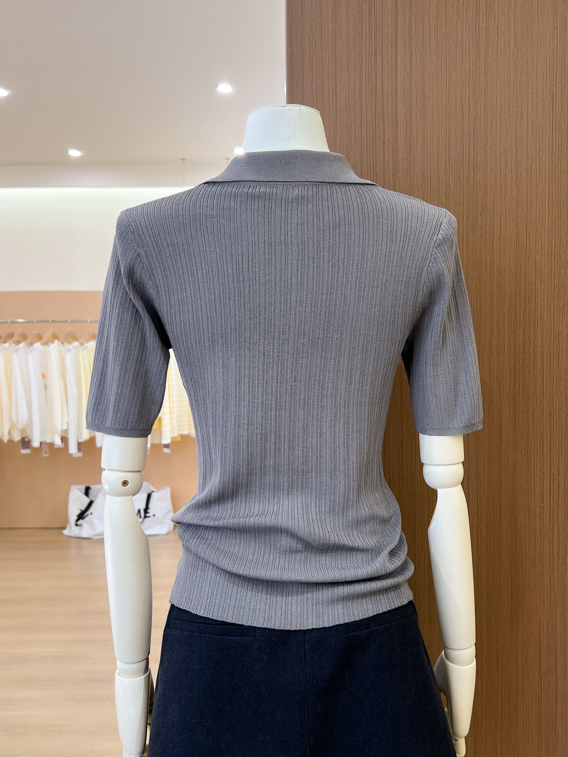 실사 봄 여름 POLO 칼라 V넥 니트 반팔 티셔츠 여성 상세 이미지 9