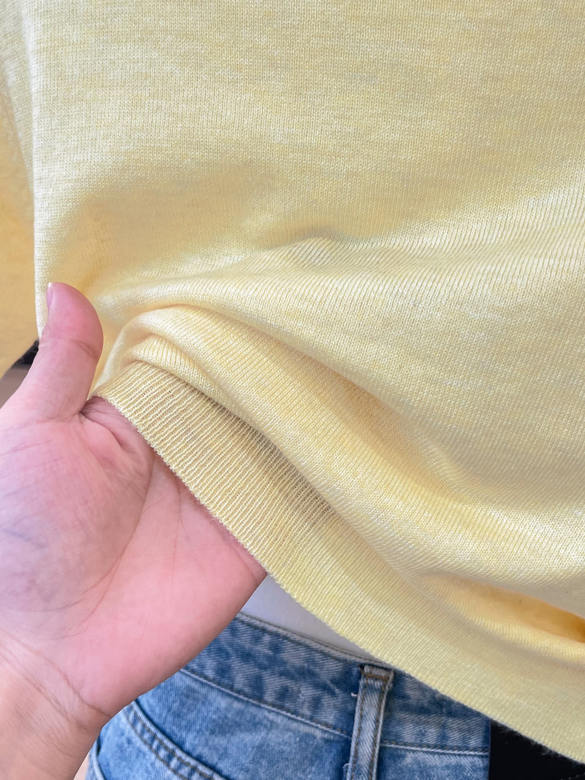 실사 한 부서 라운드 넥 얼음 실크 니트 반팔 티셔츠 여성 여름 고유 한 아름다운 쇼트 스타일 긍정적 인 어깨 의류 상세 이미지 9