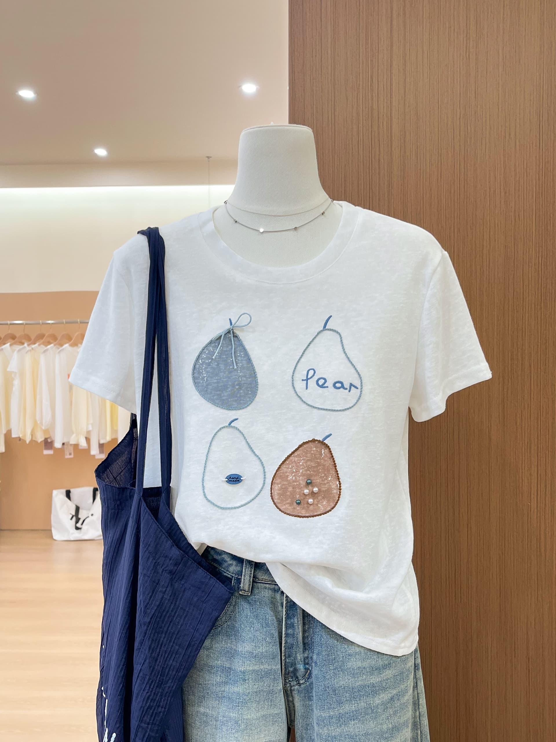 실사 배 프린트 3 차원 자수 화이트 반팔 여성 여름 얇은 스타일 마이크로 ~을 통해 면 티셔츠 루즈핏 맨위 상세 이미지 4