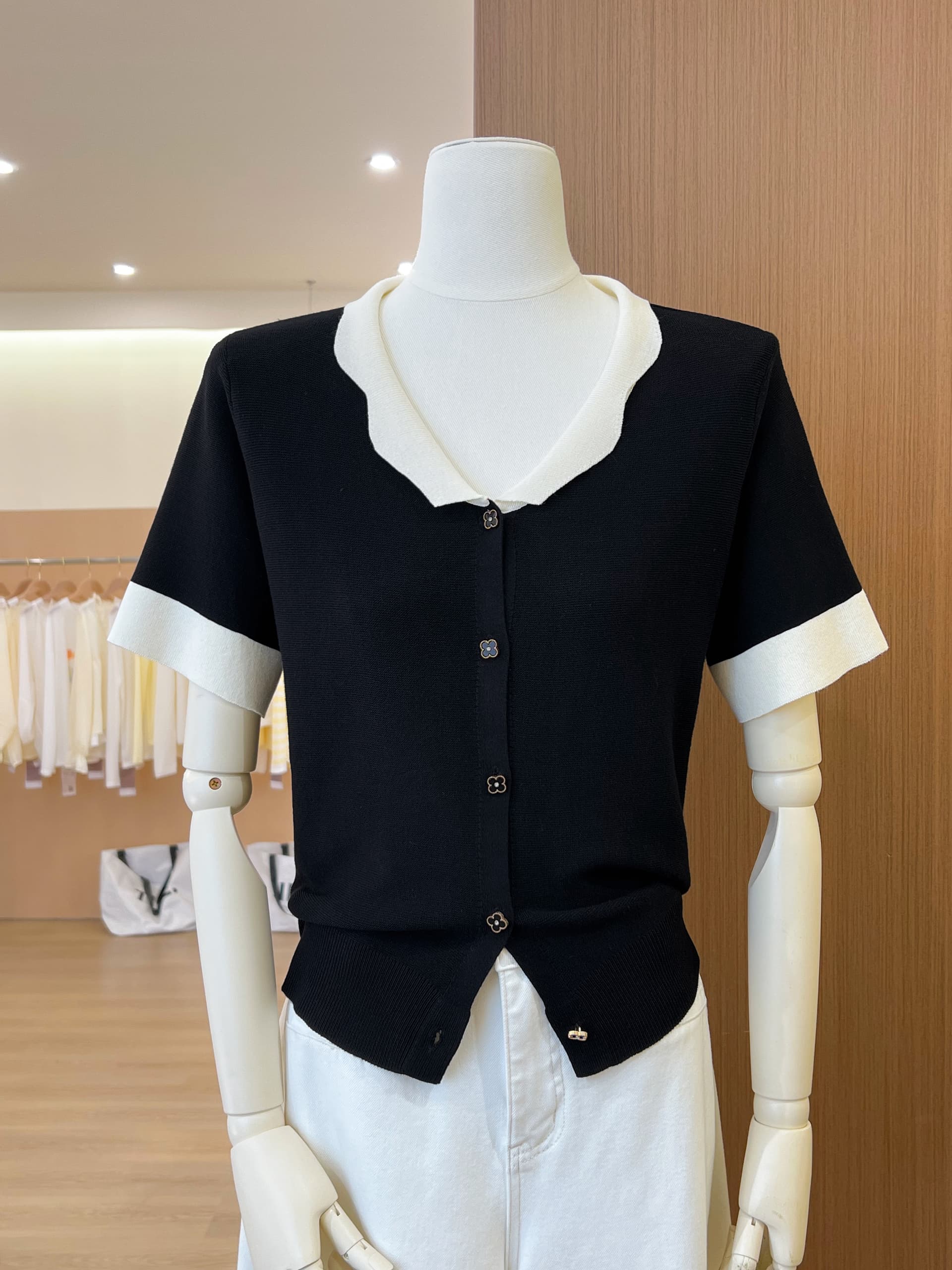 실사 프랑스식 베이비 칼라 반팔 티셔츠 POLO 셔츠 여성 여름 작은 샤넬 스타일 니트 오픈 가디건 쇼트 스타일 맨위 상세 이미지 2