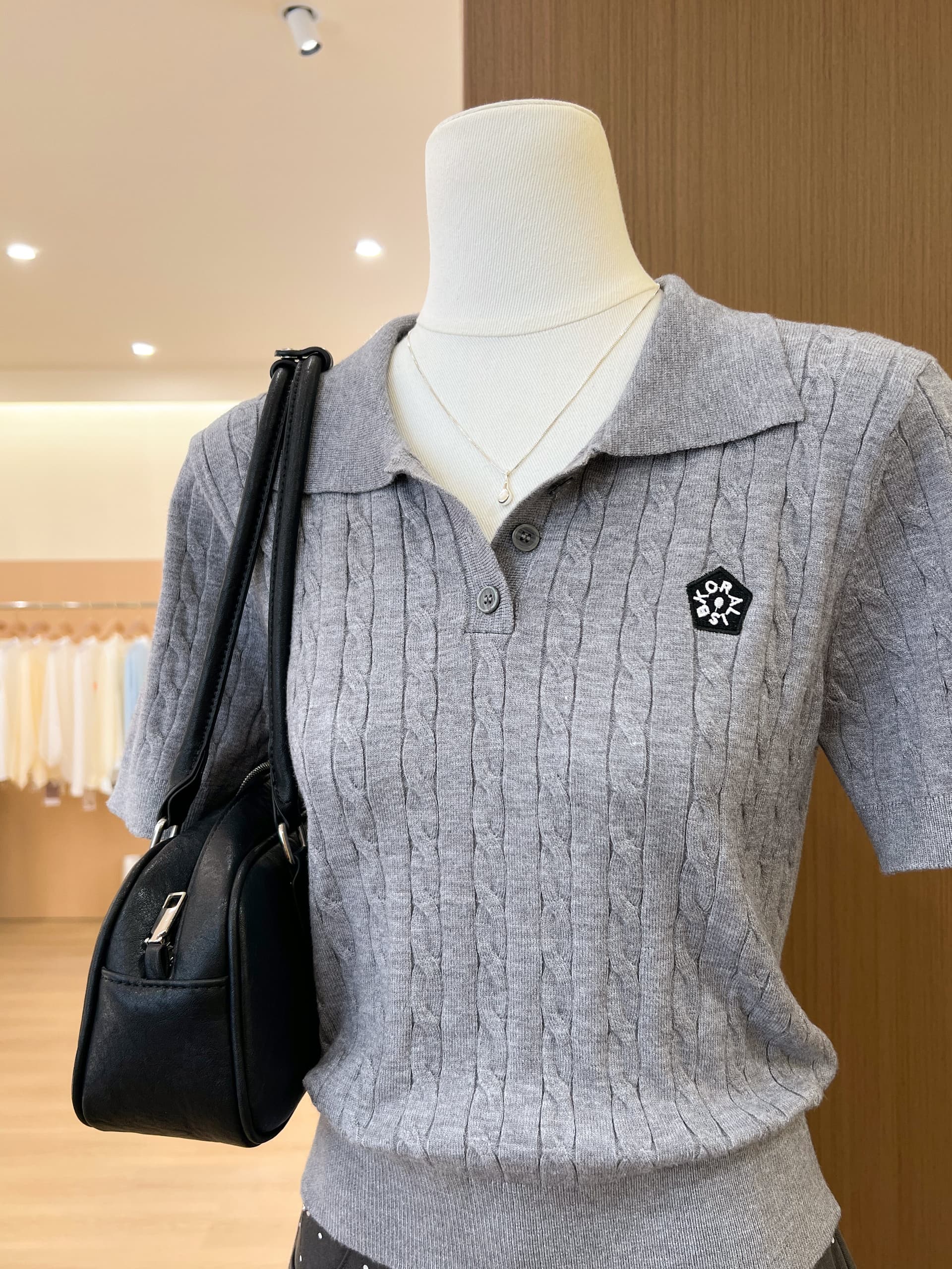 실사 한 부서 회색 꽈배기 니트 반팔 POLO 셔츠 티셔츠 여성 여름 고유 한 긍정적 인 어깨 의류 상세 이미지 7