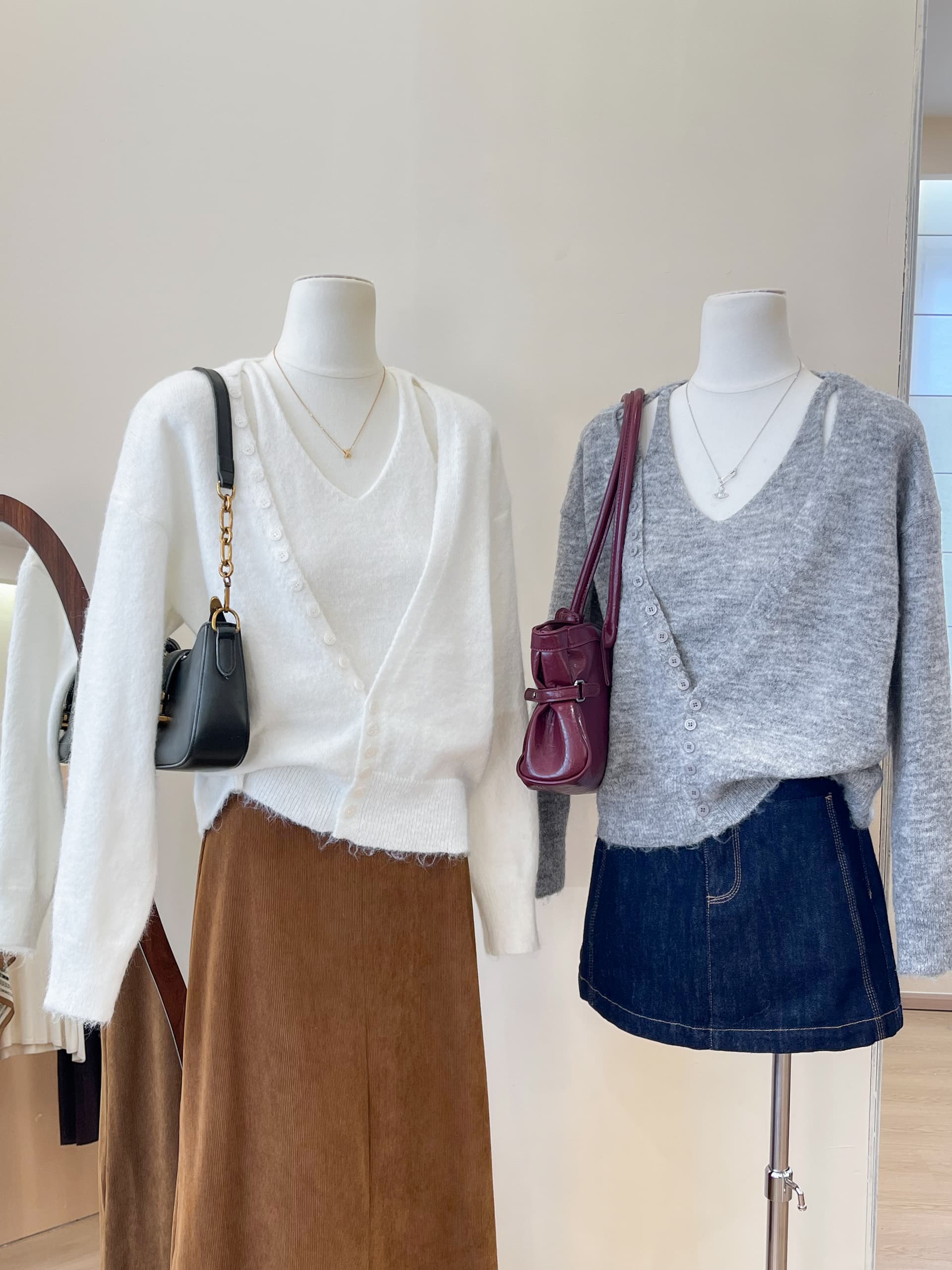 실사 부드러운 바람 V넥 가을 어깨 소매 쇼트 스타일 털 니트 스웨터 여성 이미지 4