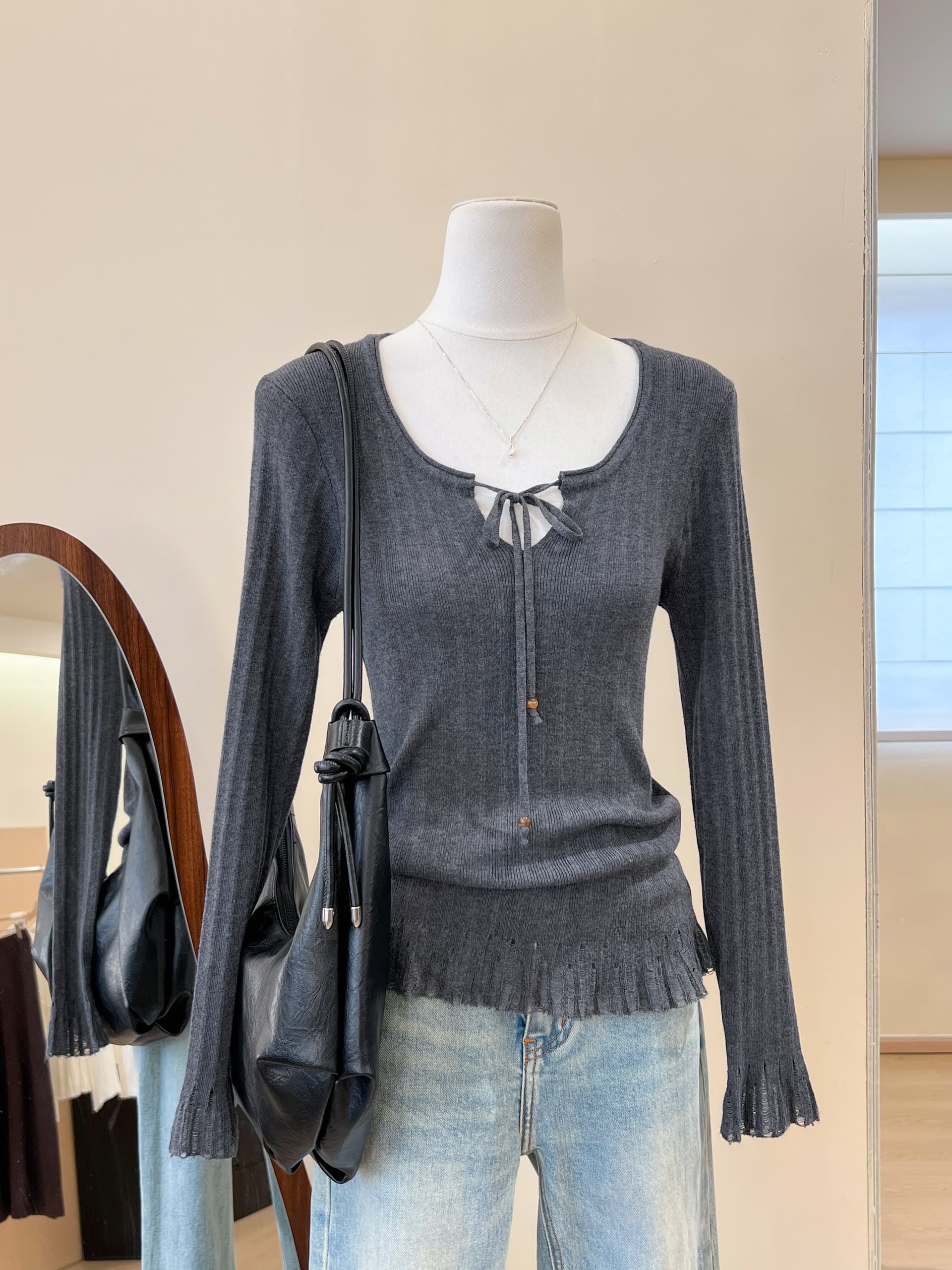 실사 프랑스식 광장 칼라 레이스업 몸매 가꾸기 슬림해 보이는 털 니트 스웨터 여성 상세 이미지 12