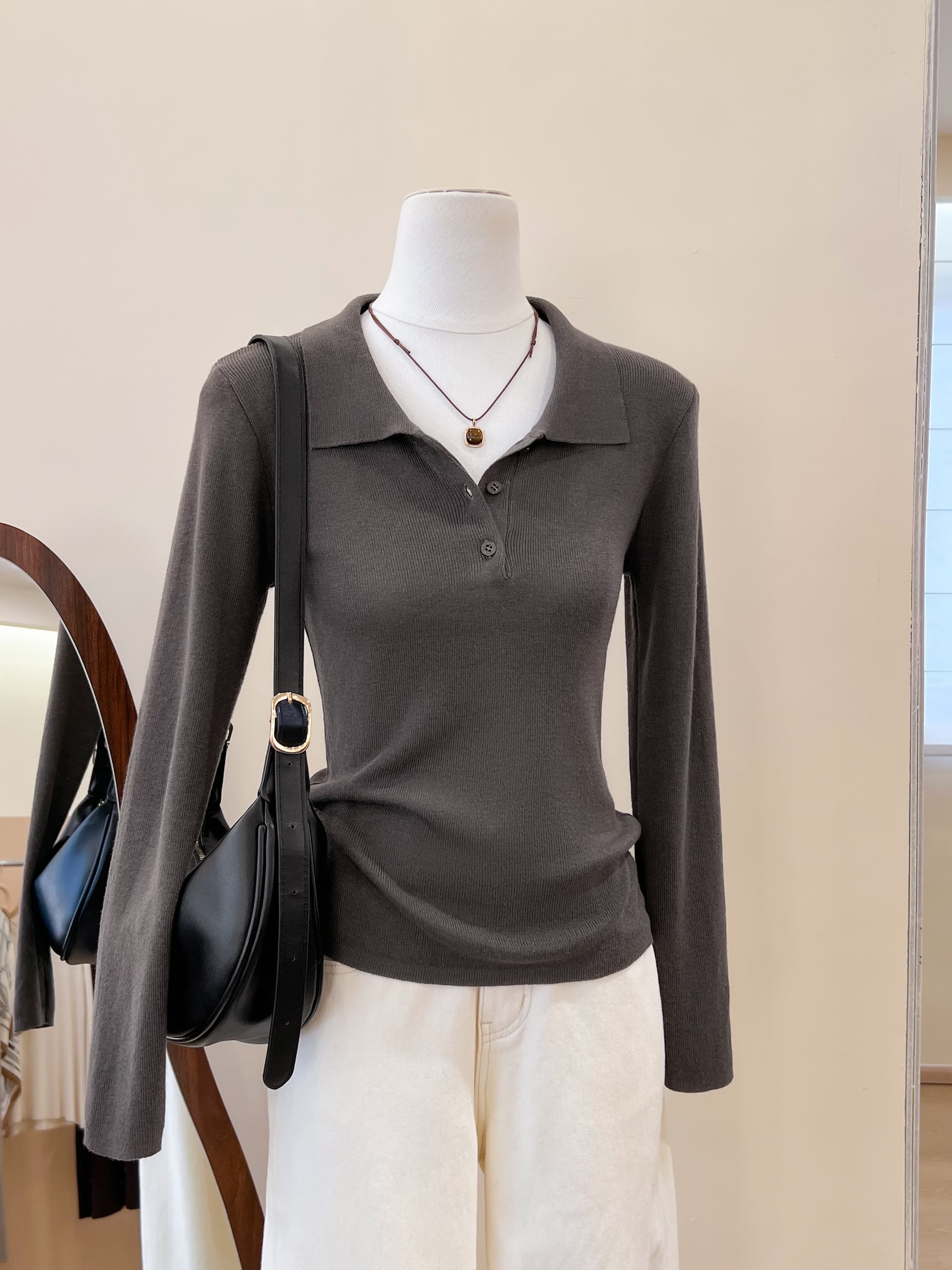 실사 새로운 POLO 칼라 몸매 가꾸기 슬림해 보이는 다용도 품격 미니멀리즘 바람 털 니트 스웨터 여성 상세 이미지 15