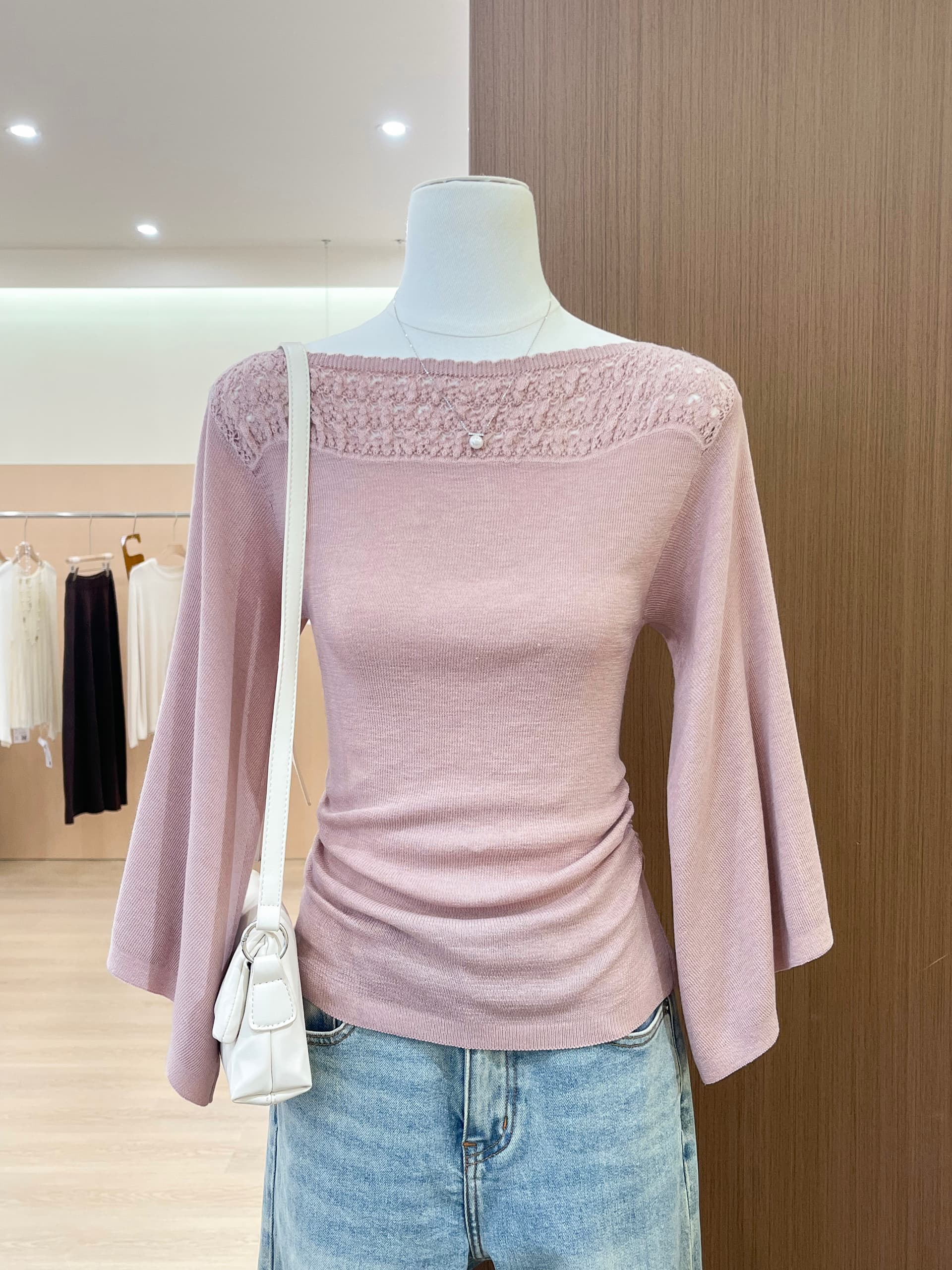 실사 프랑스식 우아함 바람 쌀 화이트 핑크색 자수 보트넥 나팔 소매 몸매 가꾸기 슬림해 보이는 털 니트 스웨터 여성 상세 이미지 17