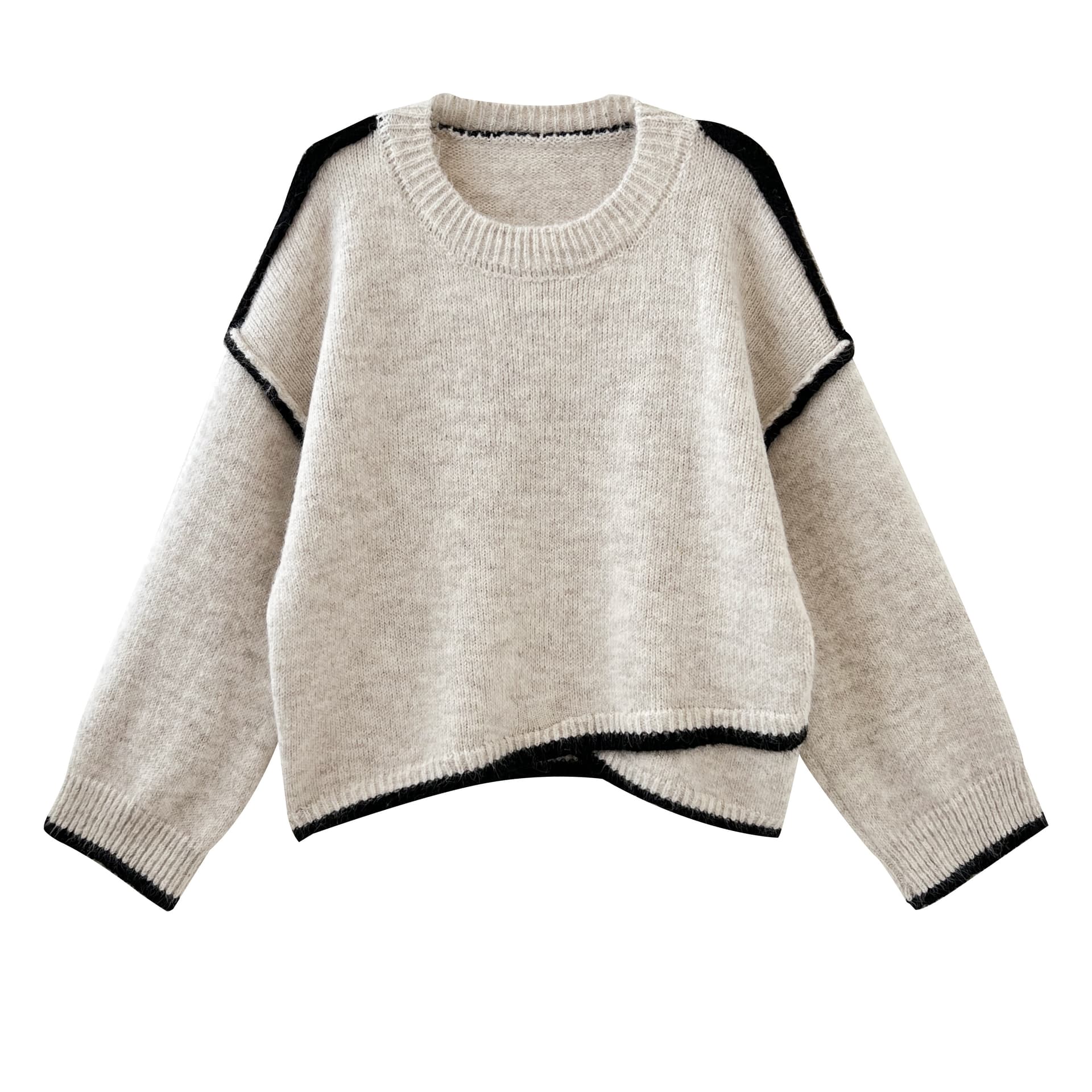 실사 캐주얼 바람 패치워크 색상 루즈핏 라운드 넥 털 니트 스웨터 여성 상세 이미지 2