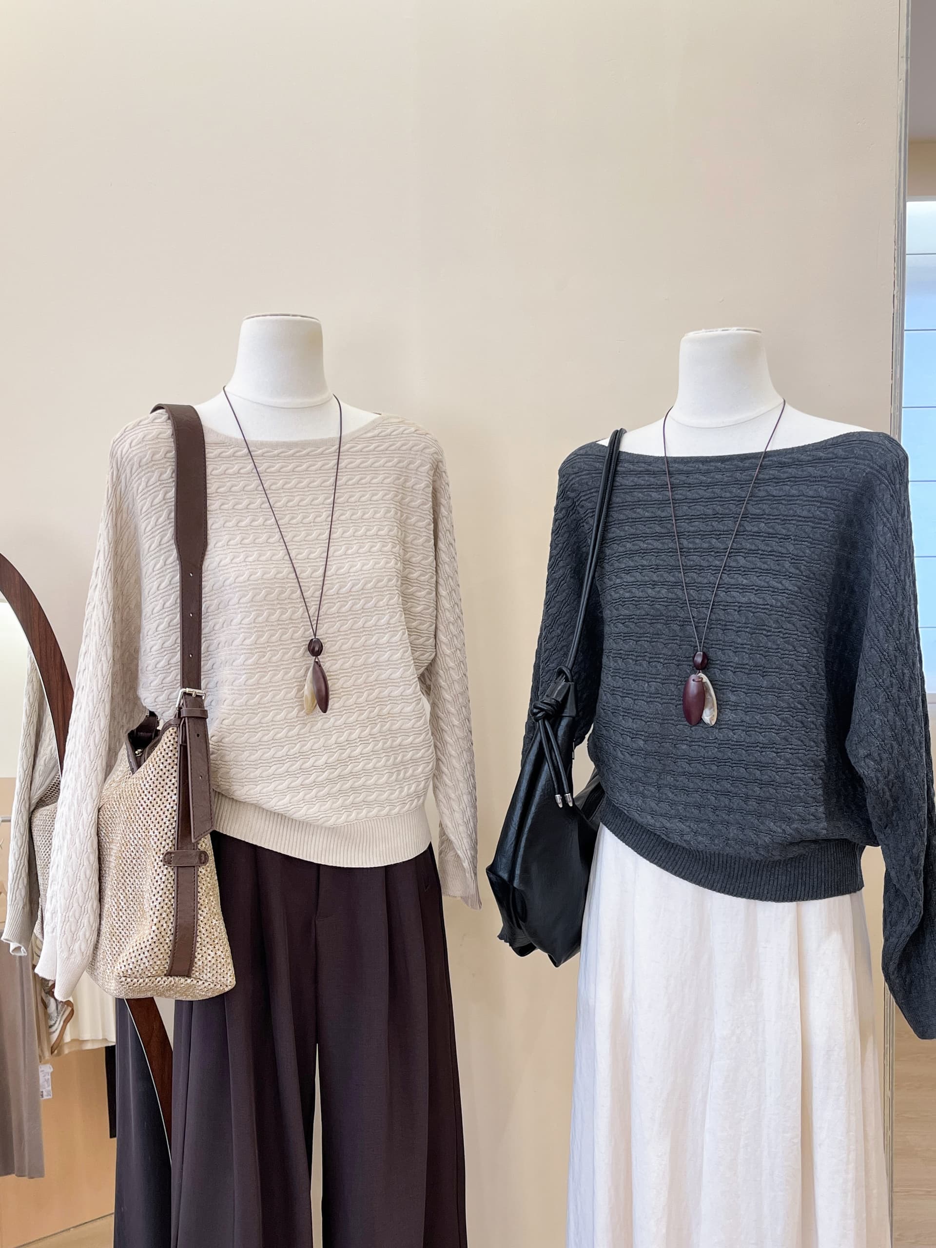 실사 레트로 문예 바람 보트넥 배트윙 소매 질감 질감 루즈핏 다용도 털 니트 스웨터 여성 이미지 5