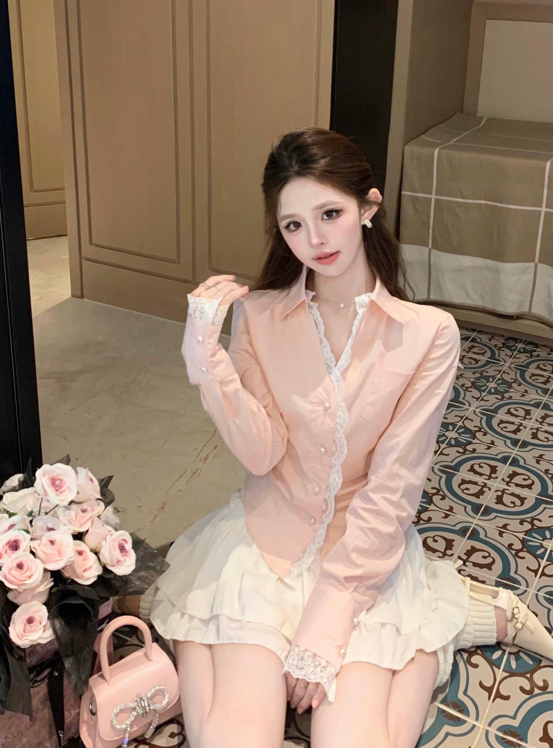 실사 정가 2026 봄 순수한 욕망 패치워크 레이스 레이스 핫걸 허리 수축 슬림해 보이는 긴팔 셔츠 맨위 여성 이미지 4
