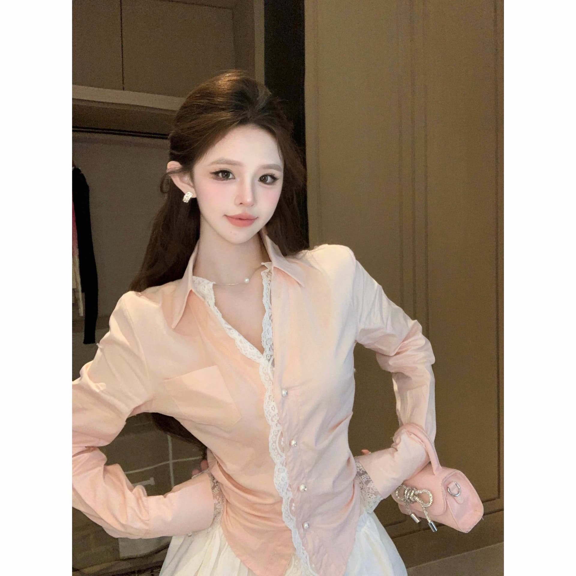 실사 정가 2026 봄 순수한 욕망 패치워크 레이스 레이스 핫걸 허리 수축 슬림해 보이는 긴팔 셔츠 맨위 여성 이미지 5