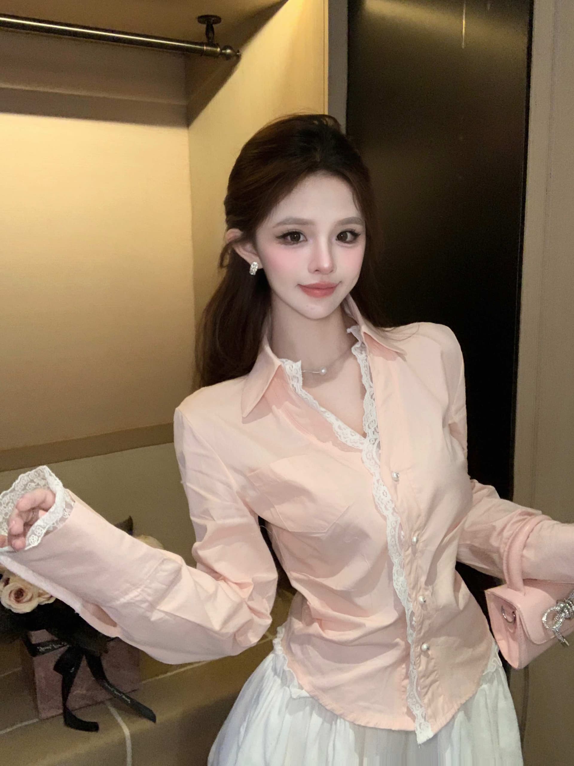 실사 정가 2026 봄 순수한 욕망 패치워크 레이스 레이스 핫걸 허리 수축 슬림해 보이는 긴팔 셔츠 맨위 여성 상세 이미지 8