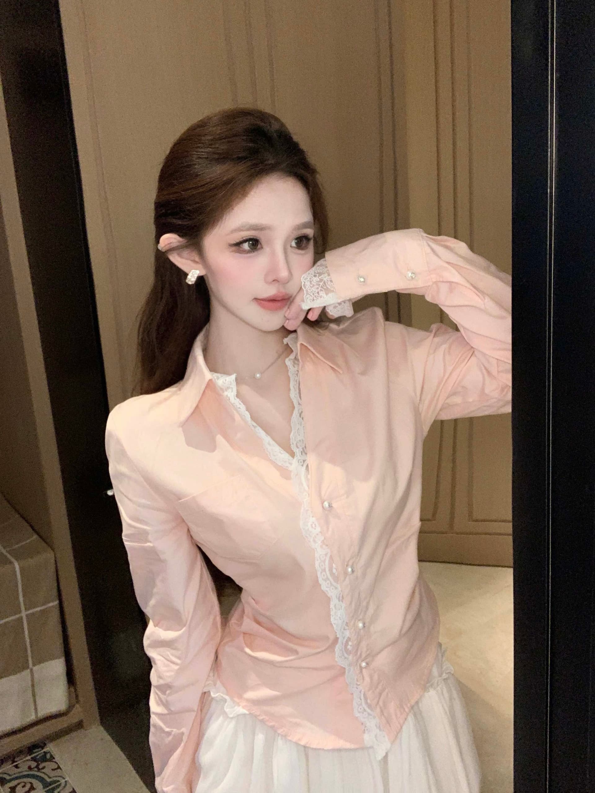 실사 정가 2026 봄 순수한 욕망 패치워크 레이스 레이스 핫걸 허리 수축 슬림해 보이는 긴팔 셔츠 맨위 여성 상세 이미지 11