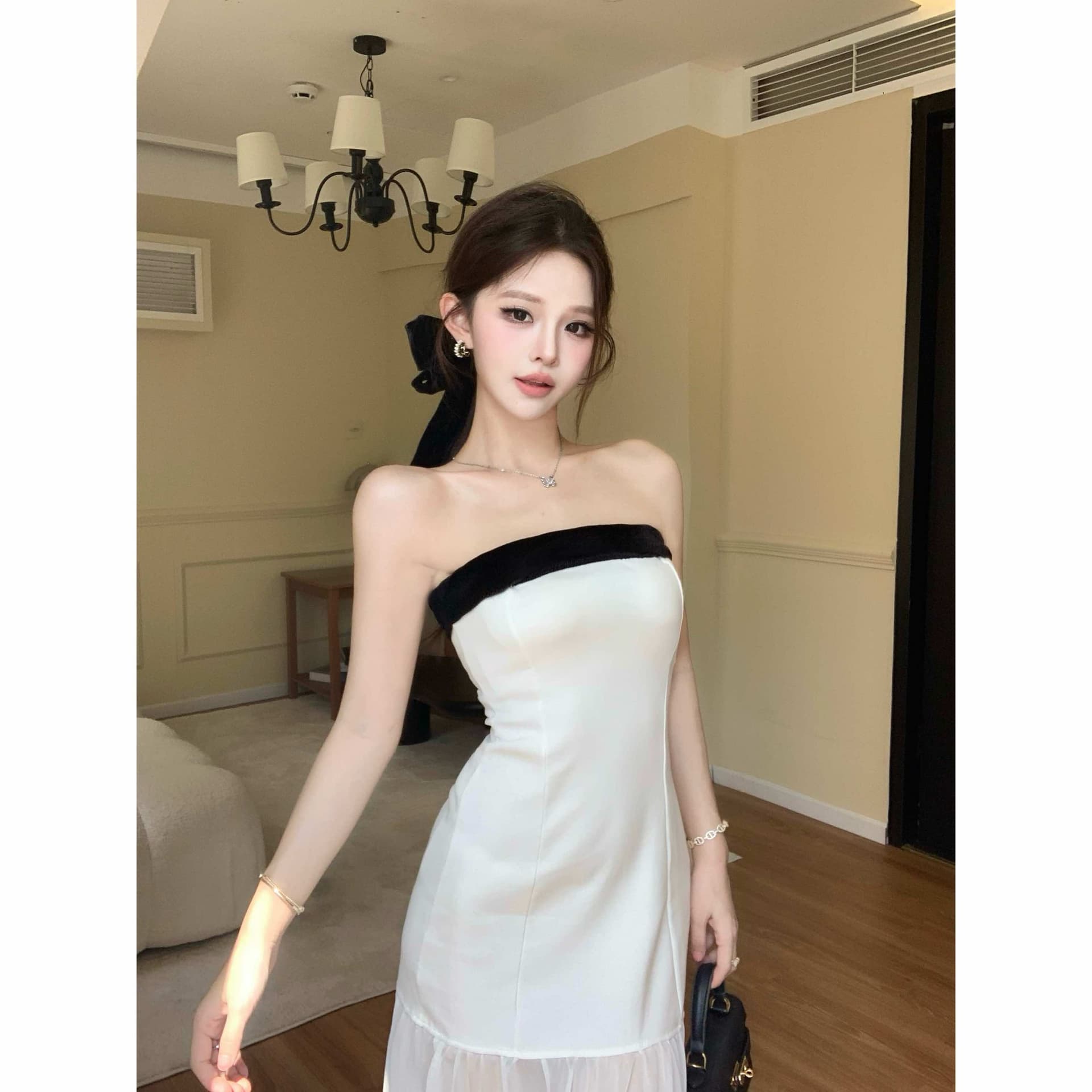 실사 정가 민소매 튜브탑 치마 작은 샤넬 스타일 드레스 길다 치마 이미지 5