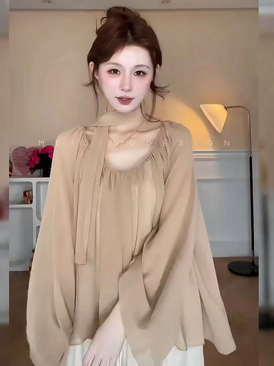 2026 봄 새로운 휴가 바람 레이스업 리본 시폰 셔츠 여성 루즈핏 긴팔 슬림해 보이는 품격 맨위