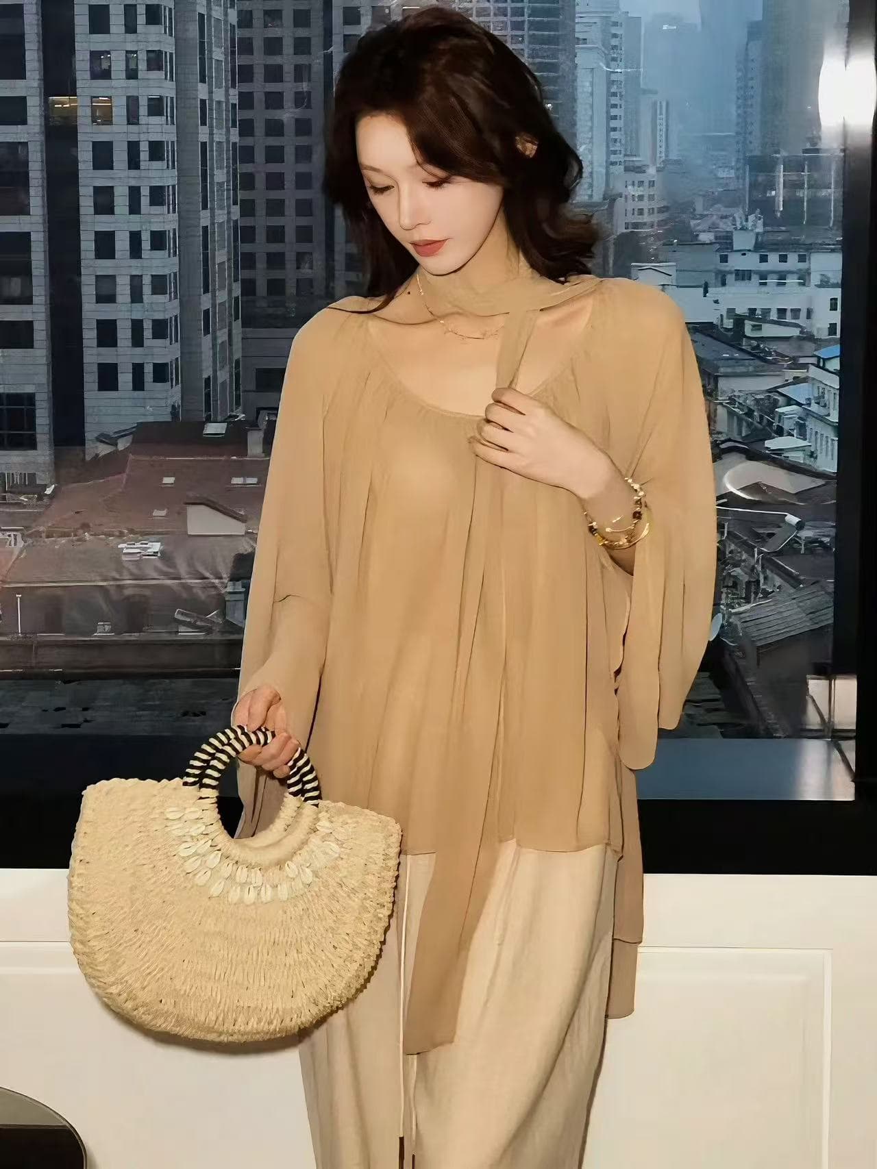 2026 봄 새로운 휴가 바람 레이스업 리본 시폰 셔츠 여성 루즈핏 긴팔 슬림해 보이는 품격 맨위 이미지 4