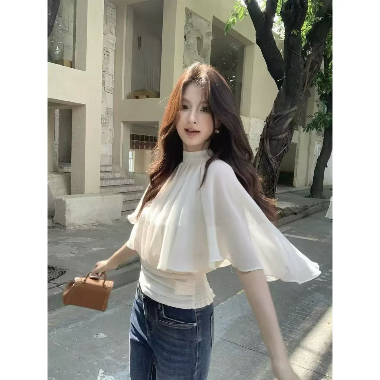 부드러운 바람 품격 망토 시폰 셔츠 여성 여름 새로운 디자인 센스 허리 수축 슬림해 보이는 다용도 얇은 스타일 작은 셔츠 맨위 이미지 3