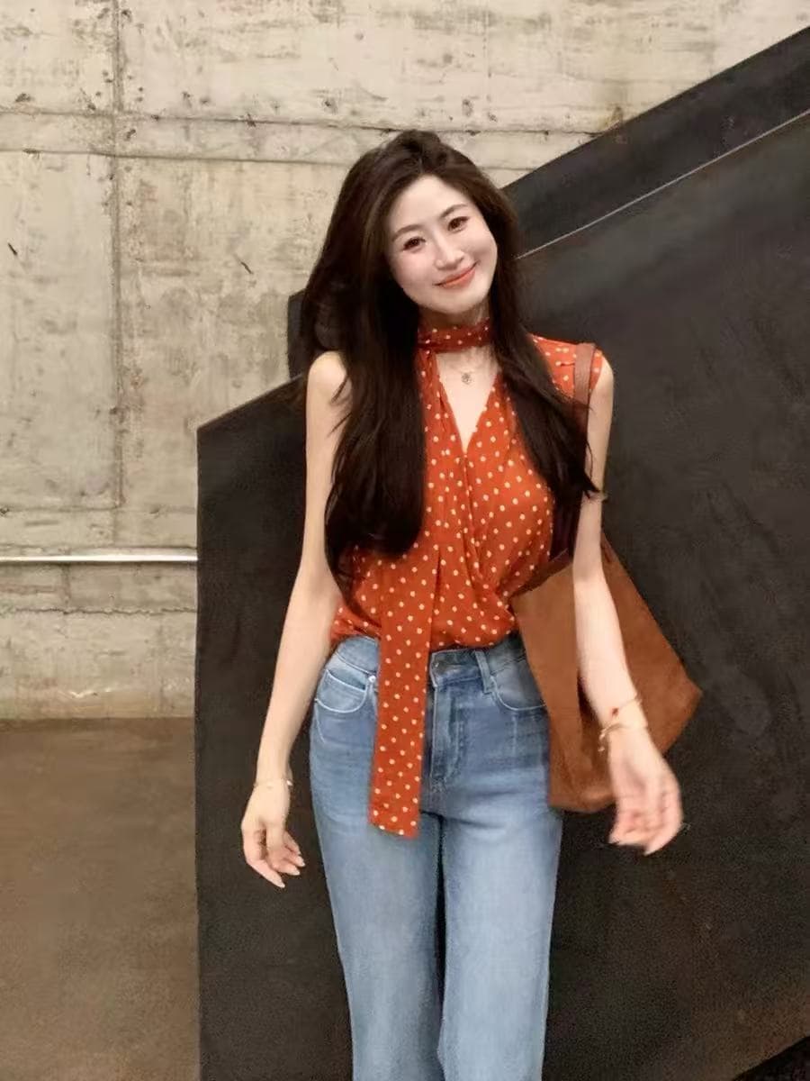 echoone 한여름 밤 도트 무늬 리본 셔츠 여성 의류 품격 다용도 루즈핏 연령 감소 민소매 셔츠 맨위