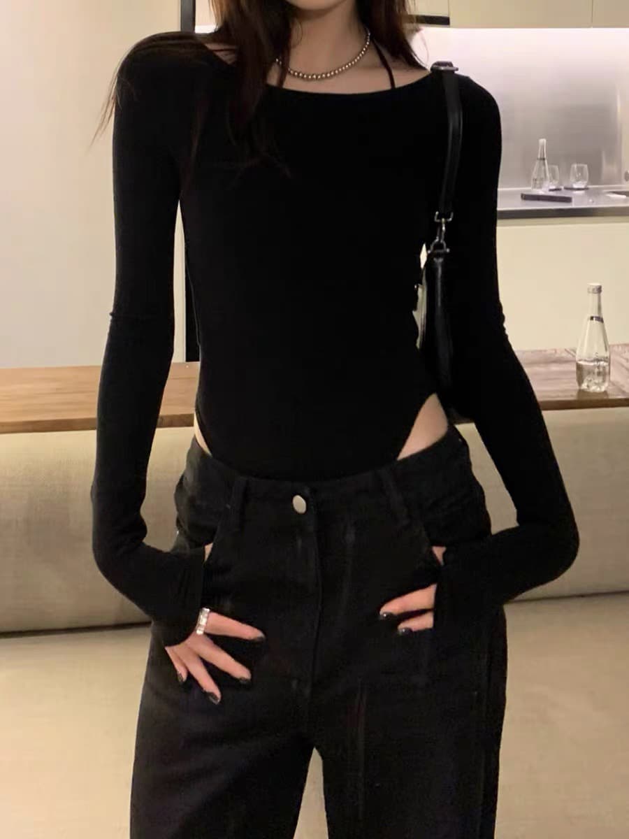 다시 욕망 다시 매운맛 섹시함 십자가 백리스 조심해. 함장 소매 올인원 티셔츠 핫걸 몸매 가꾸기 슬림해 보이는 기본 셔츠 맨위 이미지 4