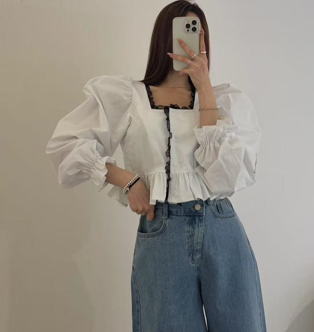 지금 이른 봄 레이스 패치워크 연령 감소 광장 칼라 셔츠 상세 이미지 8