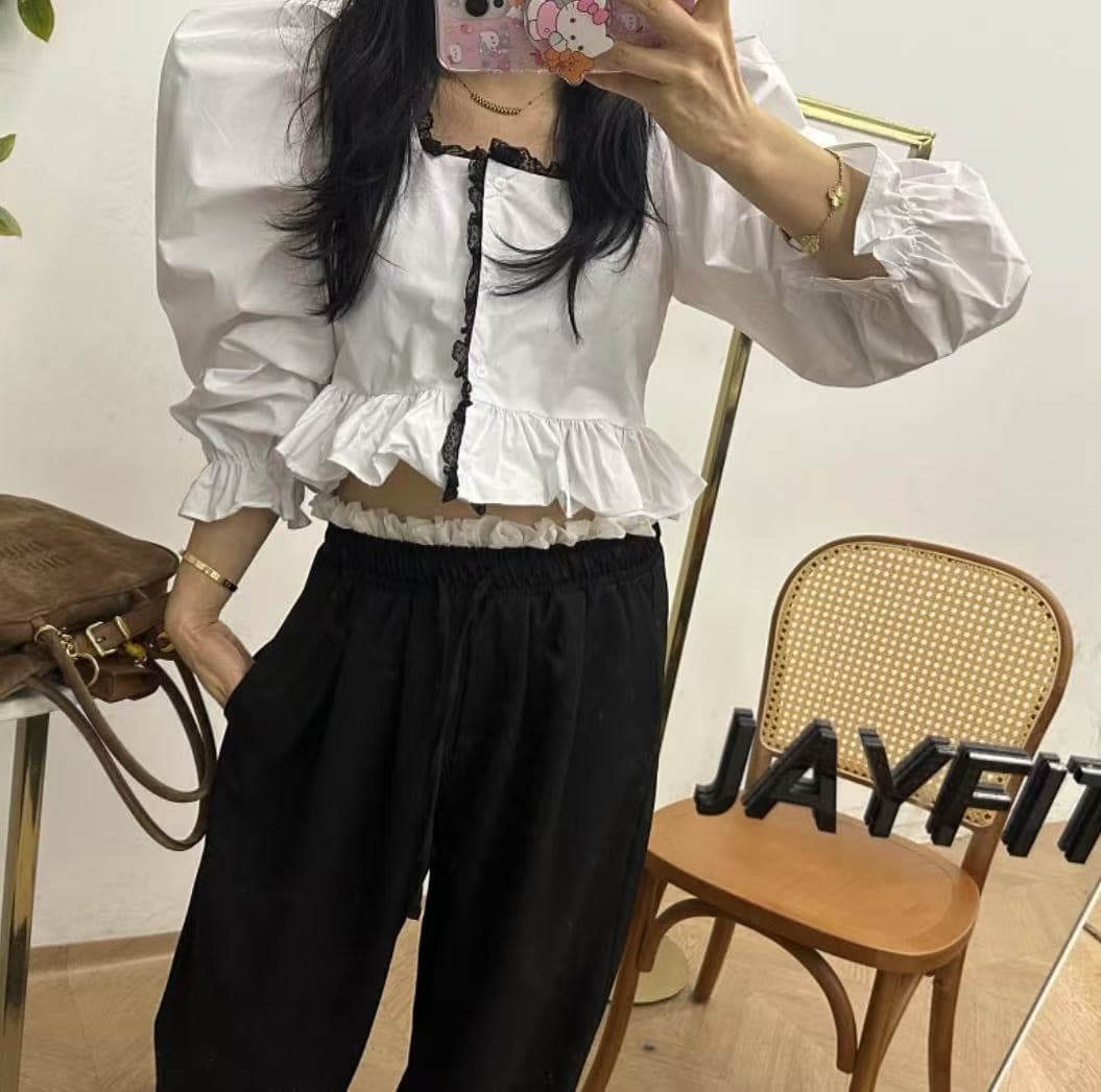 지금 이른 봄 레이스 패치워크 연령 감소 광장 칼라 셔츠 상세 이미지 4