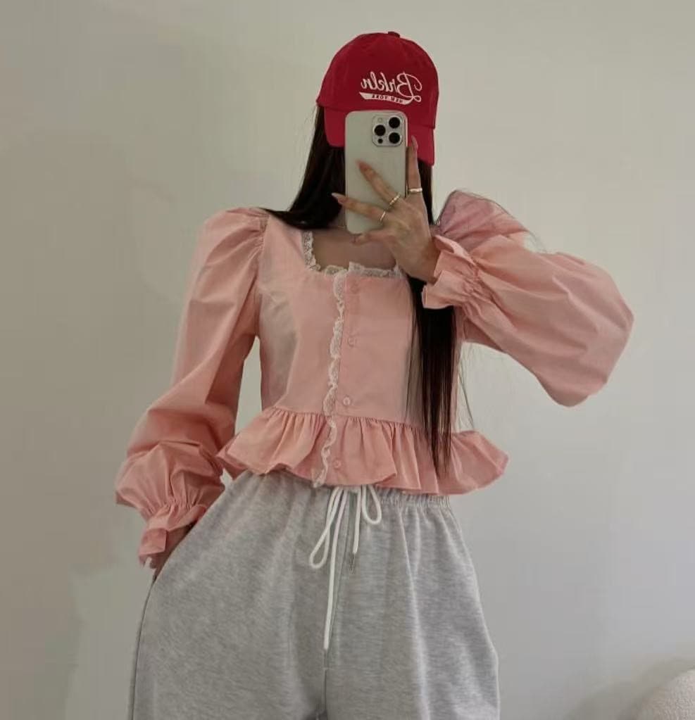 지금 이른 봄 레이스 패치워크 연령 감소 광장 칼라 셔츠 상세 이미지 10