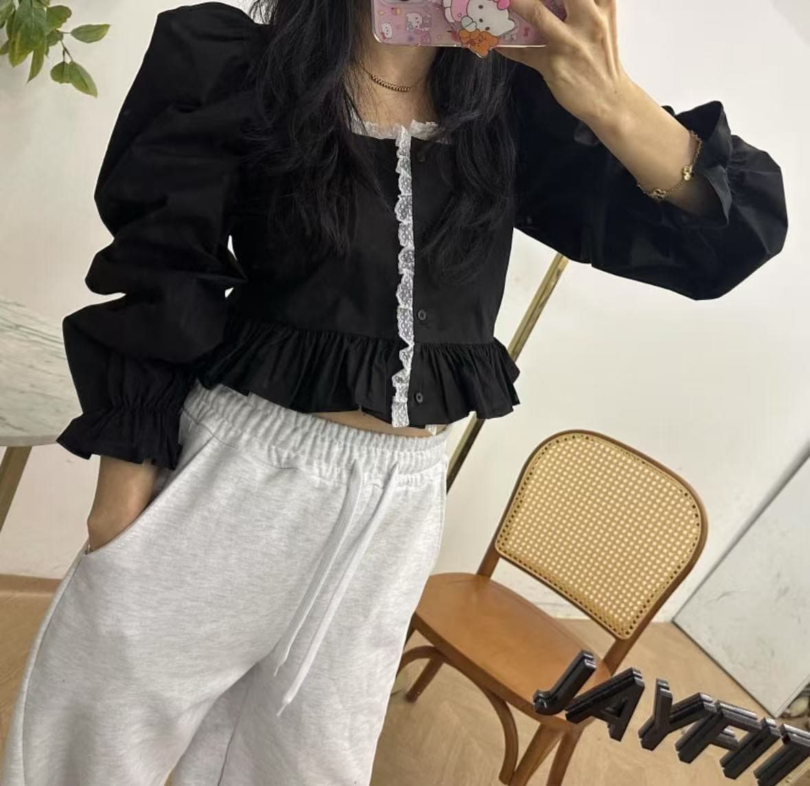 지금 이른 봄 레이스 패치워크 연령 감소 광장 칼라 셔츠 상세 이미지 16