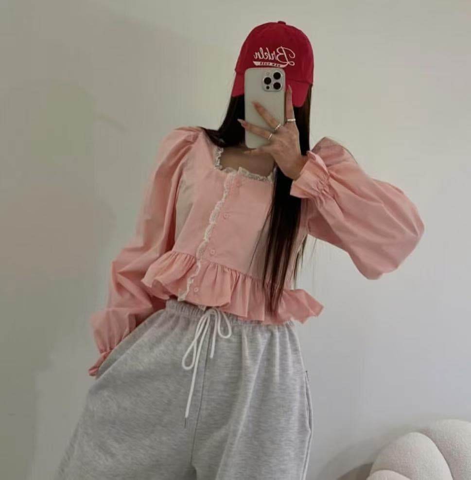 지금 이른 봄 레이스 패치워크 연령 감소 광장 칼라 셔츠 상세 이미지 11