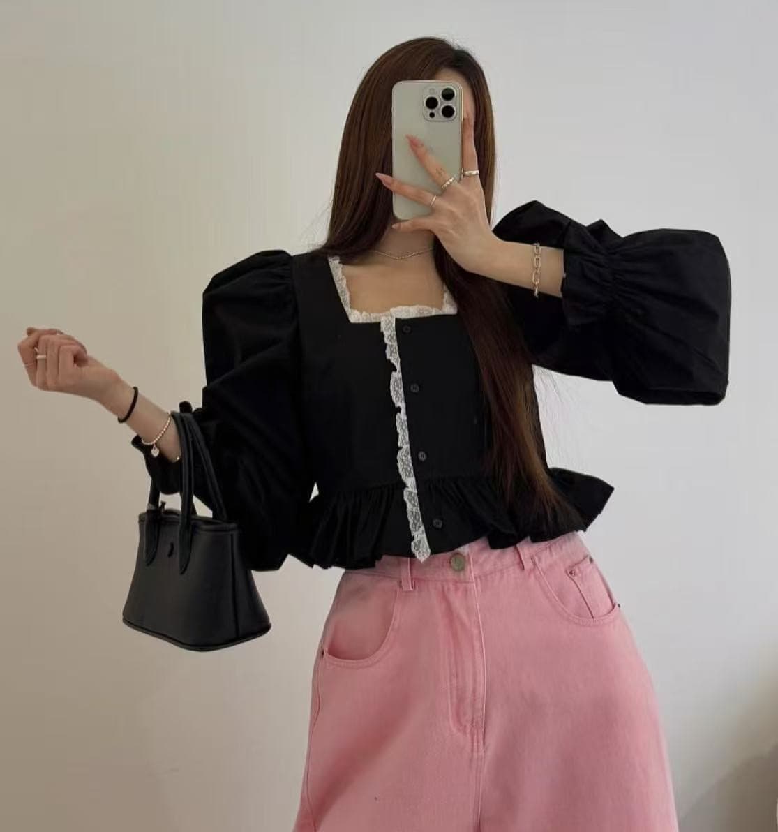 지금 이른 봄 레이스 패치워크 연령 감소 광장 칼라 셔츠 상세 이미지 14