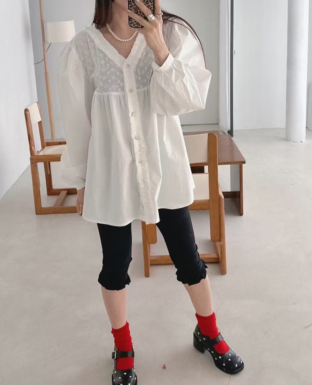 작은 대중 봄 레이스 조각 품격 셔츠 이미지 3