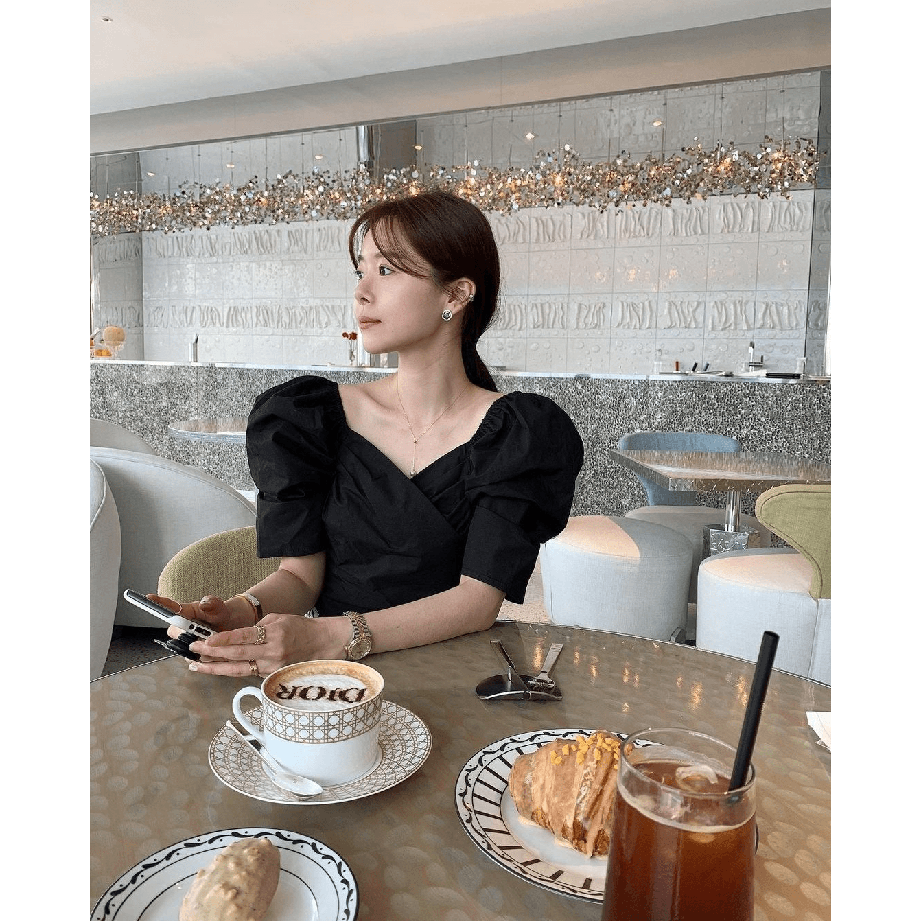 재고 있음 품격 거품 소매 셔츠 레트로 프린트 반신 치마 세트 이미지 5