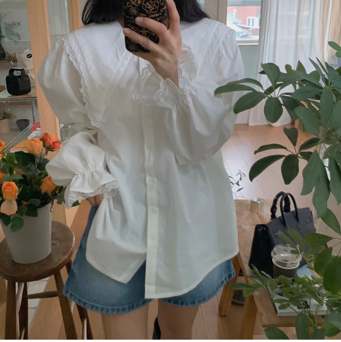 재고 있음 연령 감소 베이비 칼라 레이스 패치워크 셔츠 상세 이미지 13