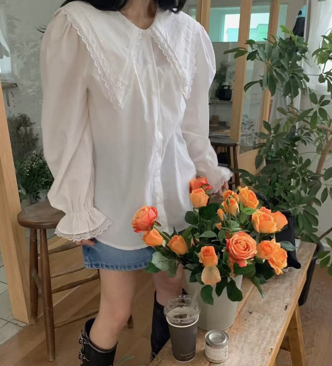 재고 있음 연령 감소 베이비 칼라 레이스 패치워크 셔츠 상세 이미지 14
