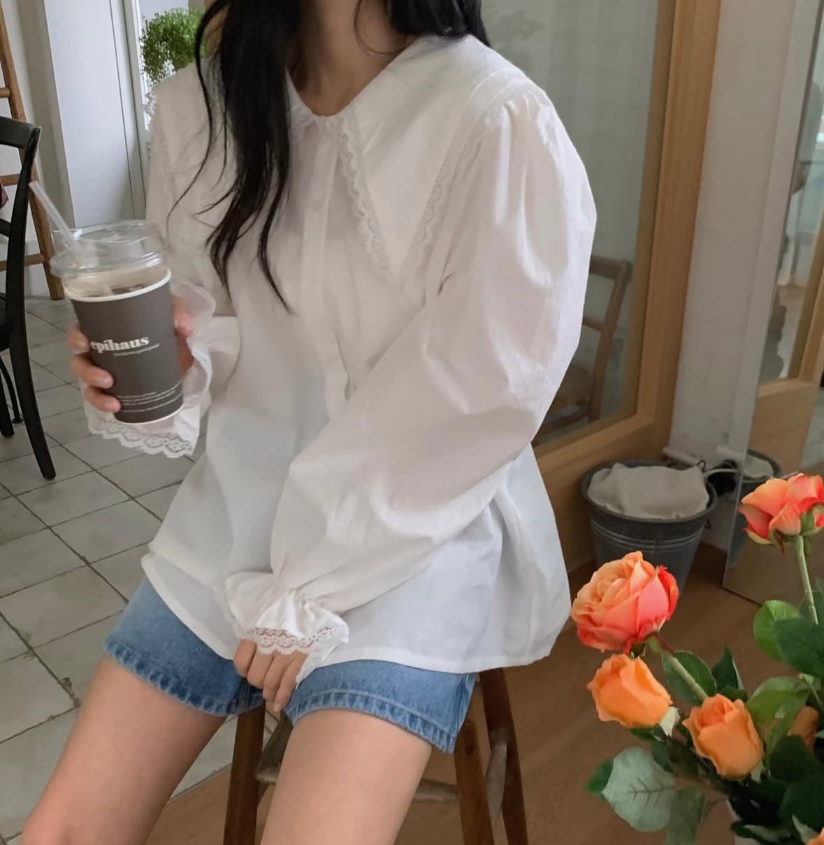 재고 있음 연령 감소 베이비 칼라 레이스 패치워크 셔츠 상세 이미지 18