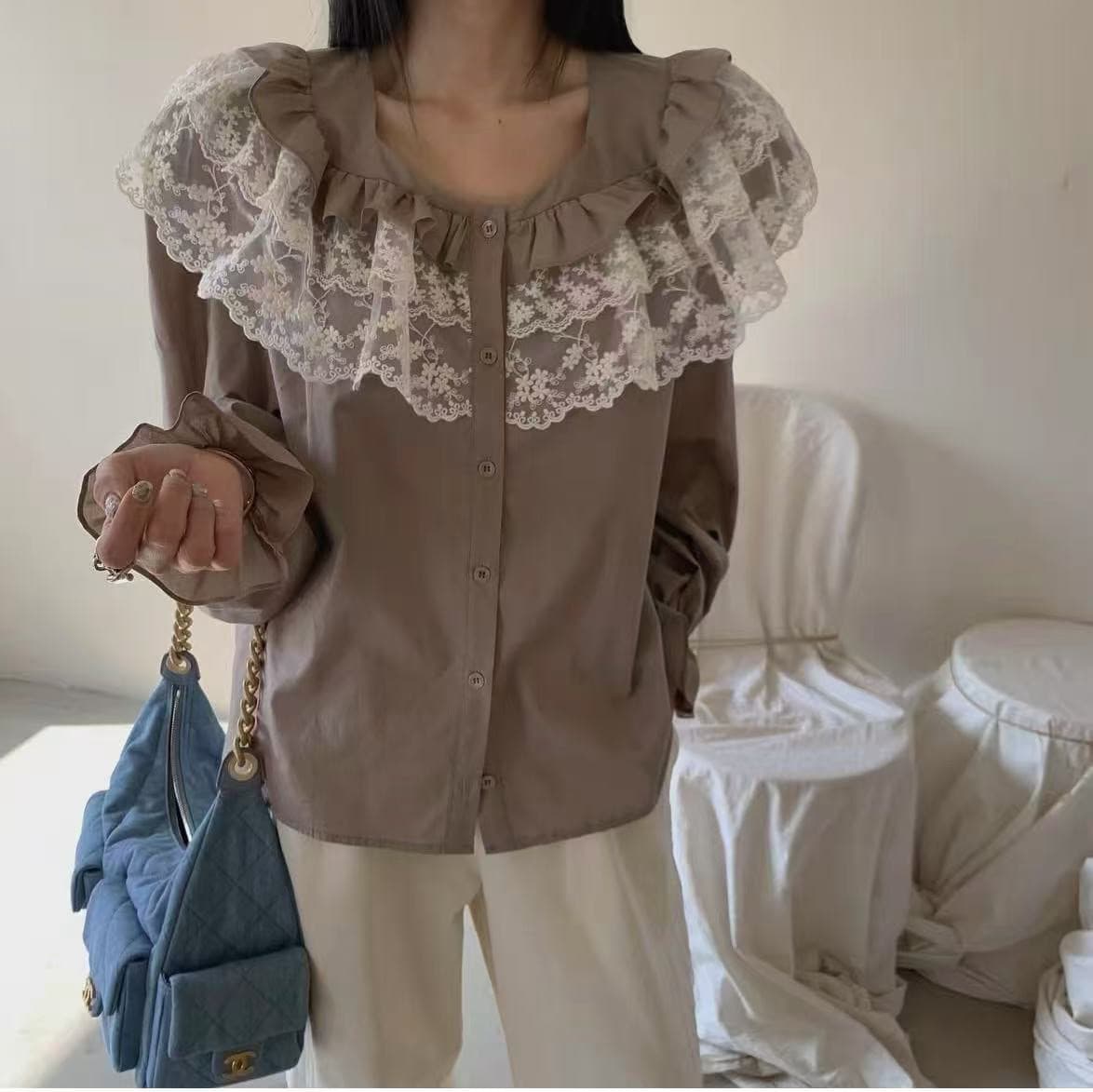 재고 있음 작은 대중 레이스 패치워크 다용도 셔츠 상세 이미지 6
