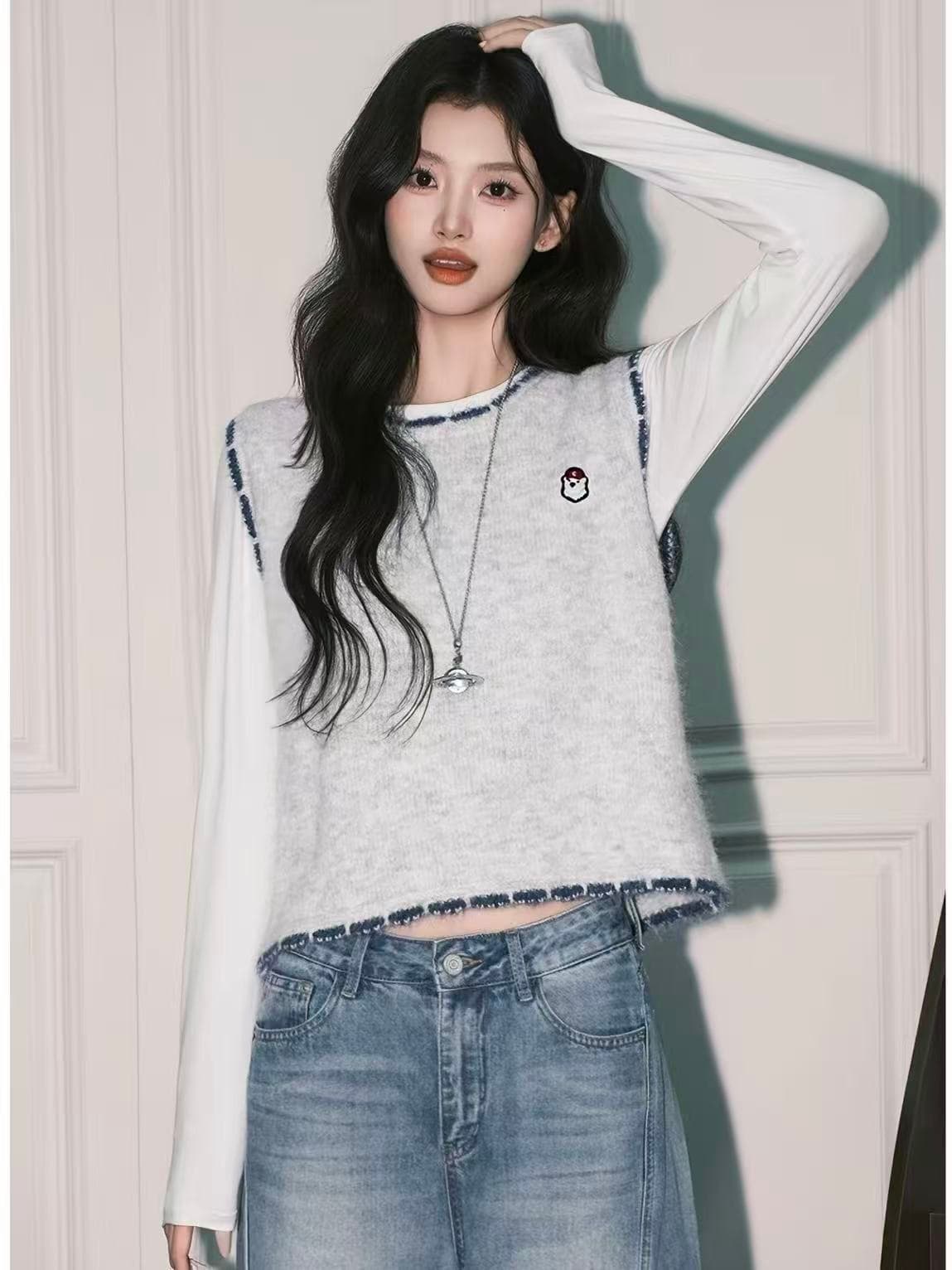 한 부서 배색 민소매 라운드 넥 니트 조끼 여자 2026 루즈핏 어깨 스웨터 스택 착용 맨위 상세 이미지 7