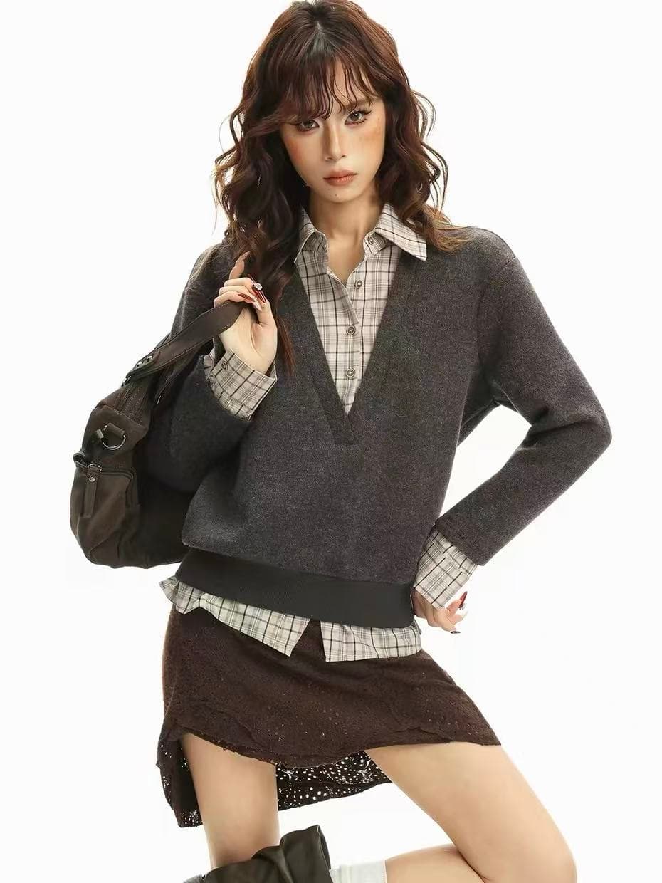 아메리칸 레트로 커피 색상 긍정적 인 어깨 POLO 칼라 페이크 레이어드 V넥 니트 스웨터 여성 겨울 디자인 센스 예쁜 스웨터 맨위 상세 이미지 5