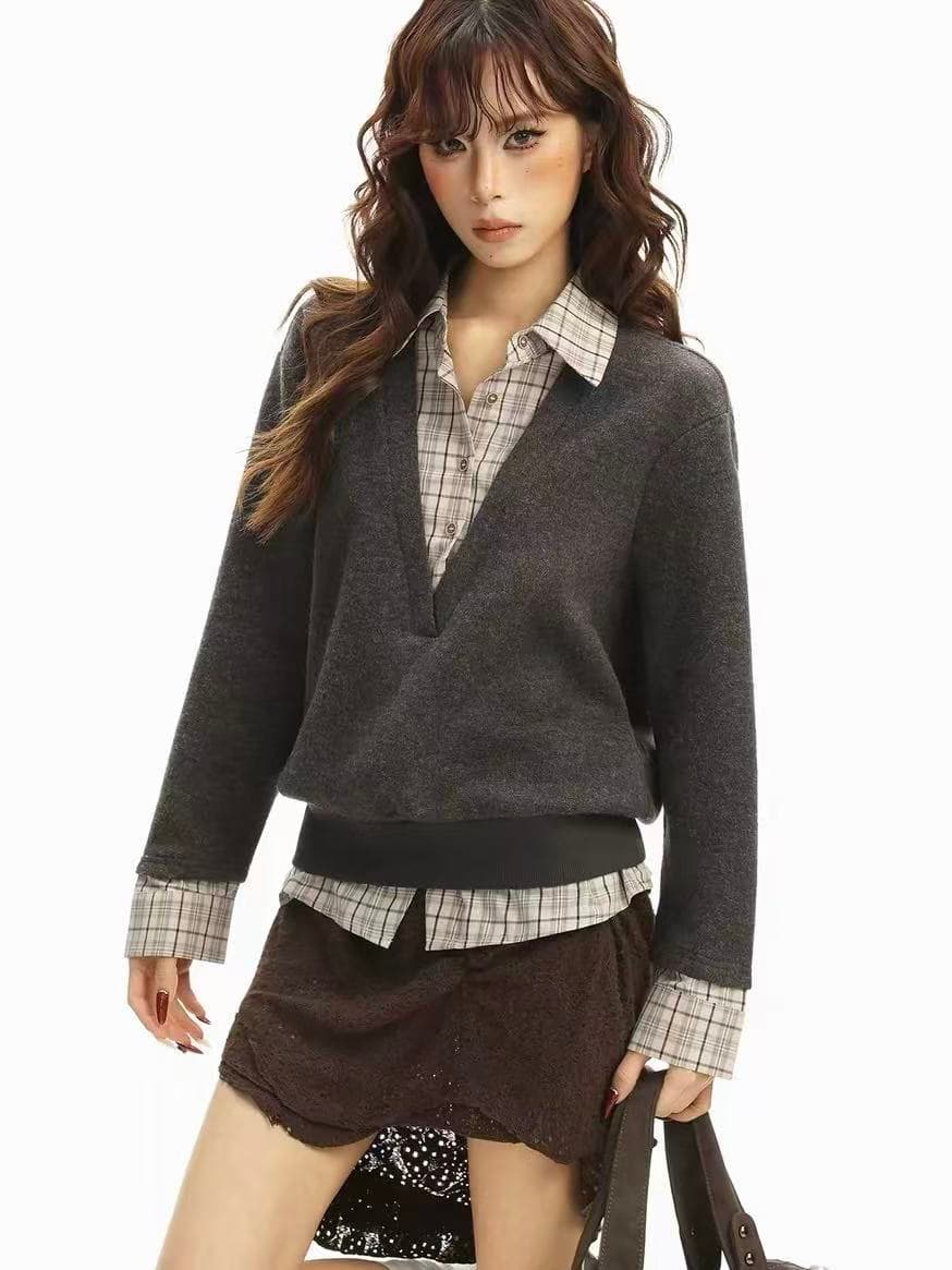 아메리칸 레트로 커피 색상 긍정적 인 어깨 POLO 칼라 페이크 레이어드 V넥 니트 스웨터 여성 겨울 디자인 센스 예쁜 스웨터 맨위 상세 이미지 6