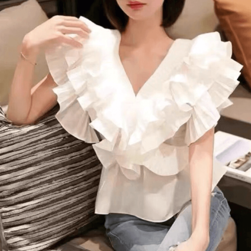 새로운 디자인 센스 여성 셔츠 한국 동대문 여름 단색 V넥 프릴 패션 숙녀 맨위 여성 상세 이미지 10