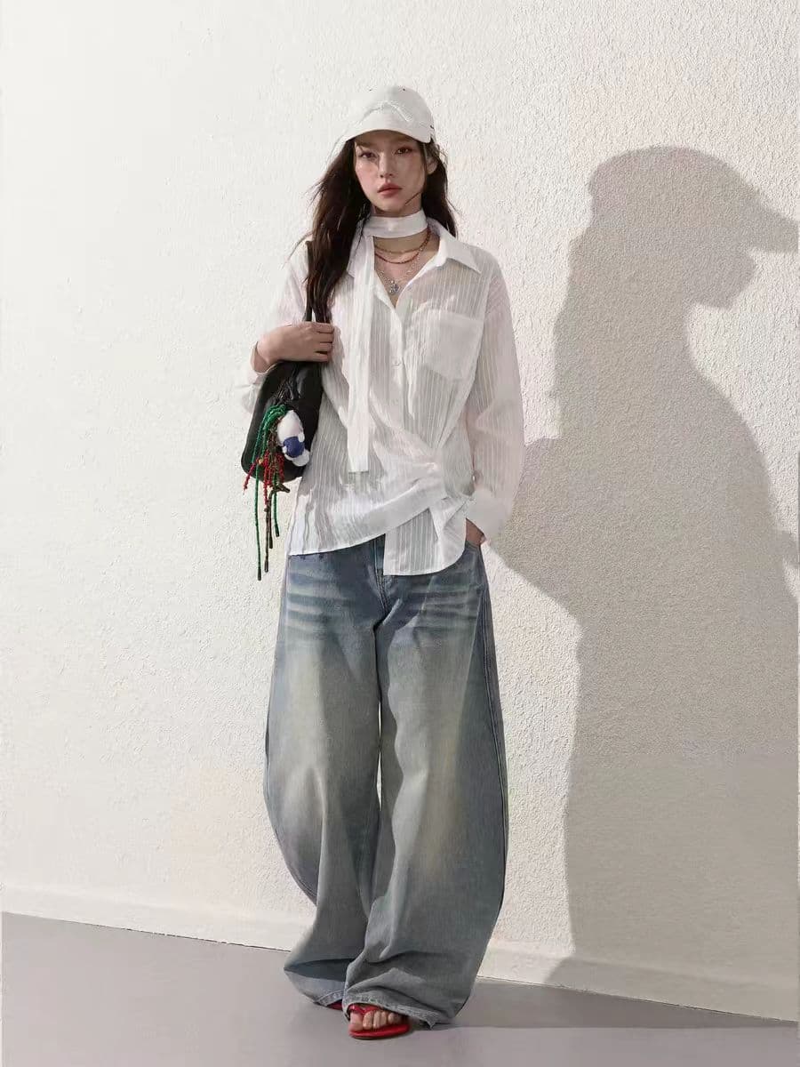 긴팔 셔츠 루즈핏 여성 일상 출퇴근 폴로 칼라 레이스업 2026 새로운 이미지 3
