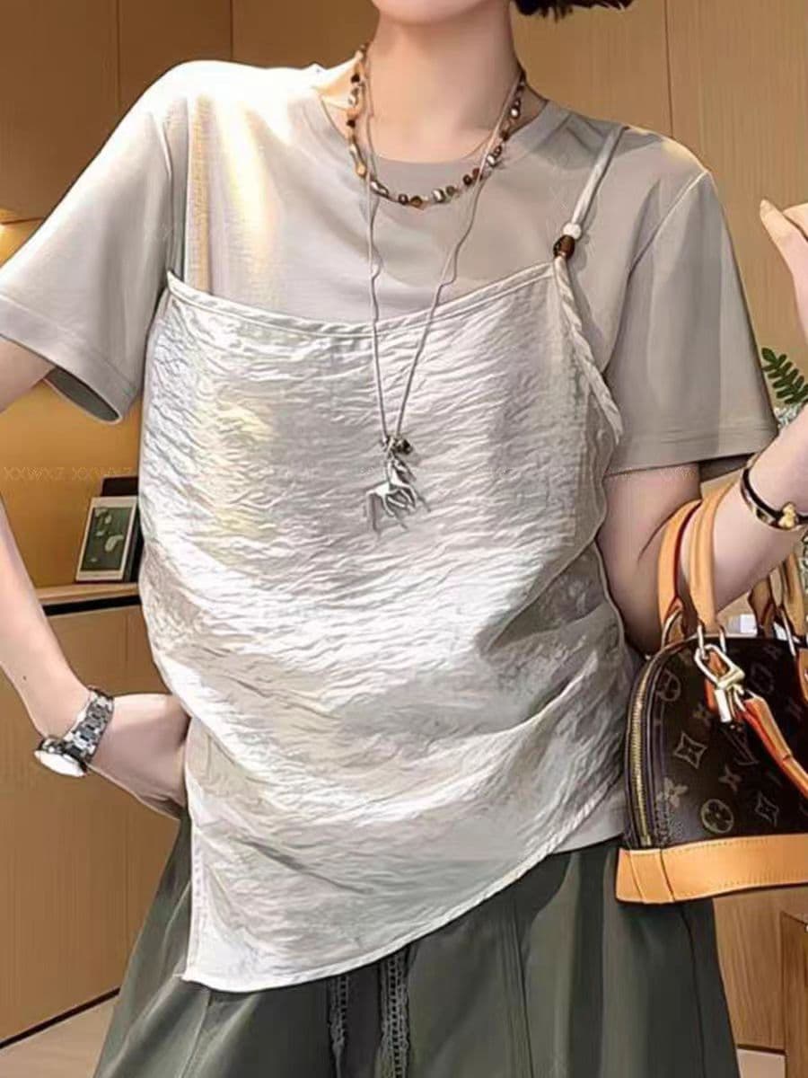 여름 새로운 한국 스타일 패션 캐주얼 페이크 레이어드 패치워크 슬립 맨위