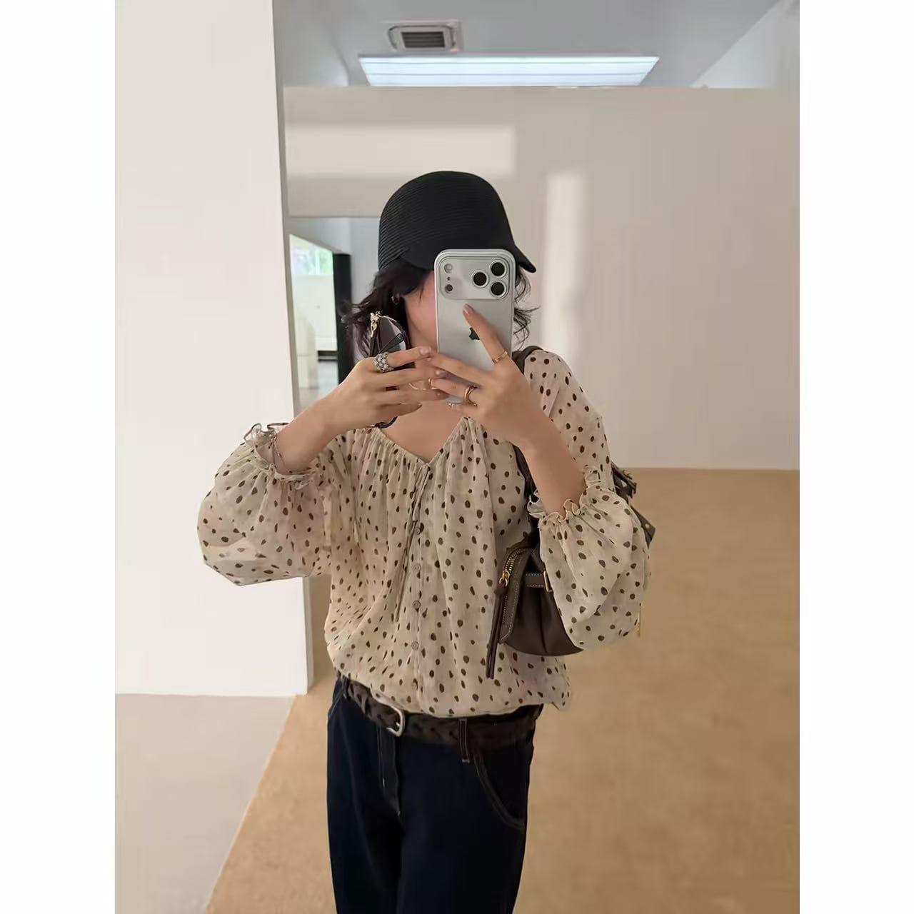 프랑스식 레이스업 맨위 루즈핏 통기성 도트 무늬 쉬폰 블라우스